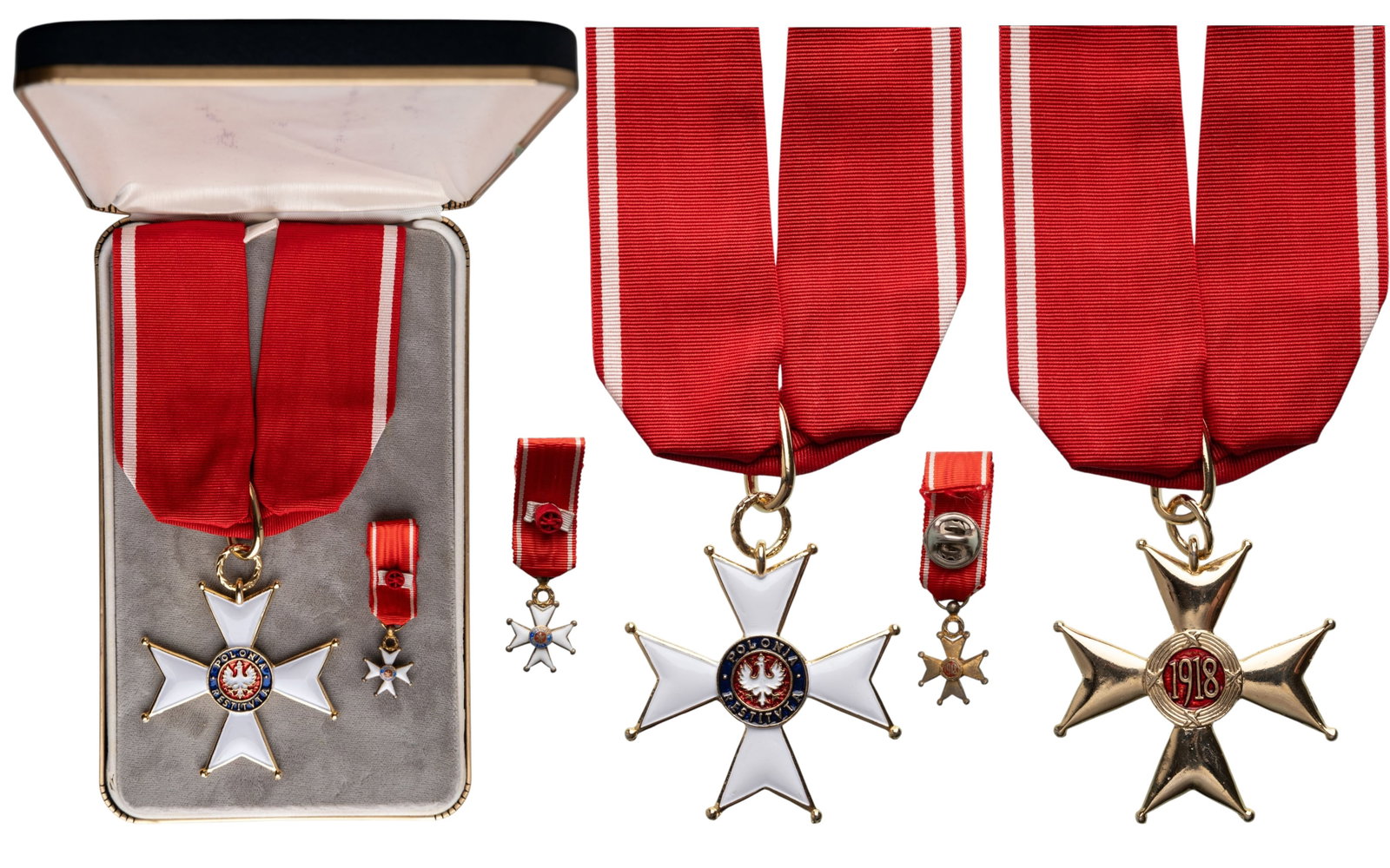 The Order of Polonia Restituta (Order Odrodzenia Polski): Commander's Cross, 3rd Class, instituted in 1918. Neck Badge, 58 mm, gilt Bronze, enameled, both central medallions gilt, original suspension ring and ribbon, together with rminiature, in case of issu