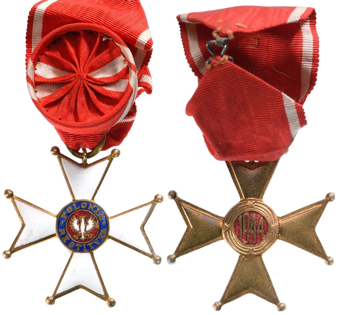 The Order of Polonia Restituta (Order Odrodzenia Polski): Officer's Cross, 4th Class, 2nd Model, instituted in 1918. Breast Badge, 45 mm, gilt Silver, enameled, both central medallions gilt Silver, original suspension ring and ribbon with rosette. I
