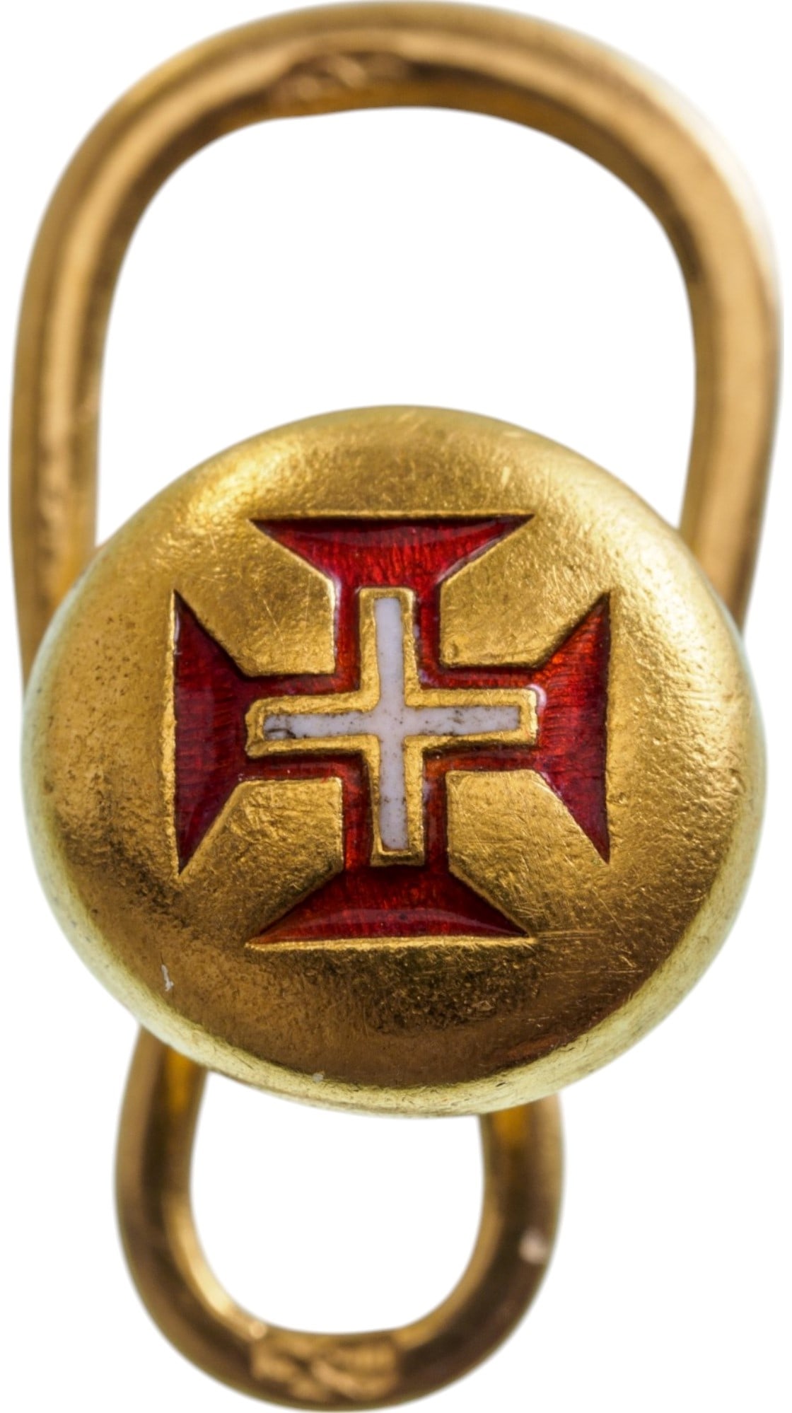 Military Order of Christ: Miniature Button of the Order, instituted in 1318. Breast Badge, 17x9 mm., GOLD, 1 g., bright-red, translucent enameled on one side, suspension device. A superb rare button, mid 19th Century, extremel