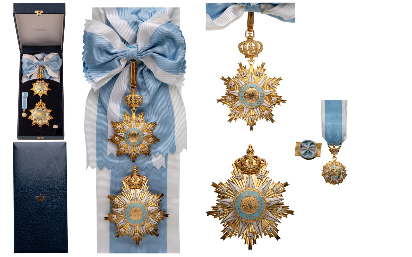 Order of Our Lady of Villa Vicosa: Grand Cross Set, instituted in 1818. Sash Badge, 90x65 mm, gilt Bronze, one side enameled, original loop and sash. Breast Star, 78 mm, gilt Bronze, maker's mark, superimposed parts gilt, enameled, med