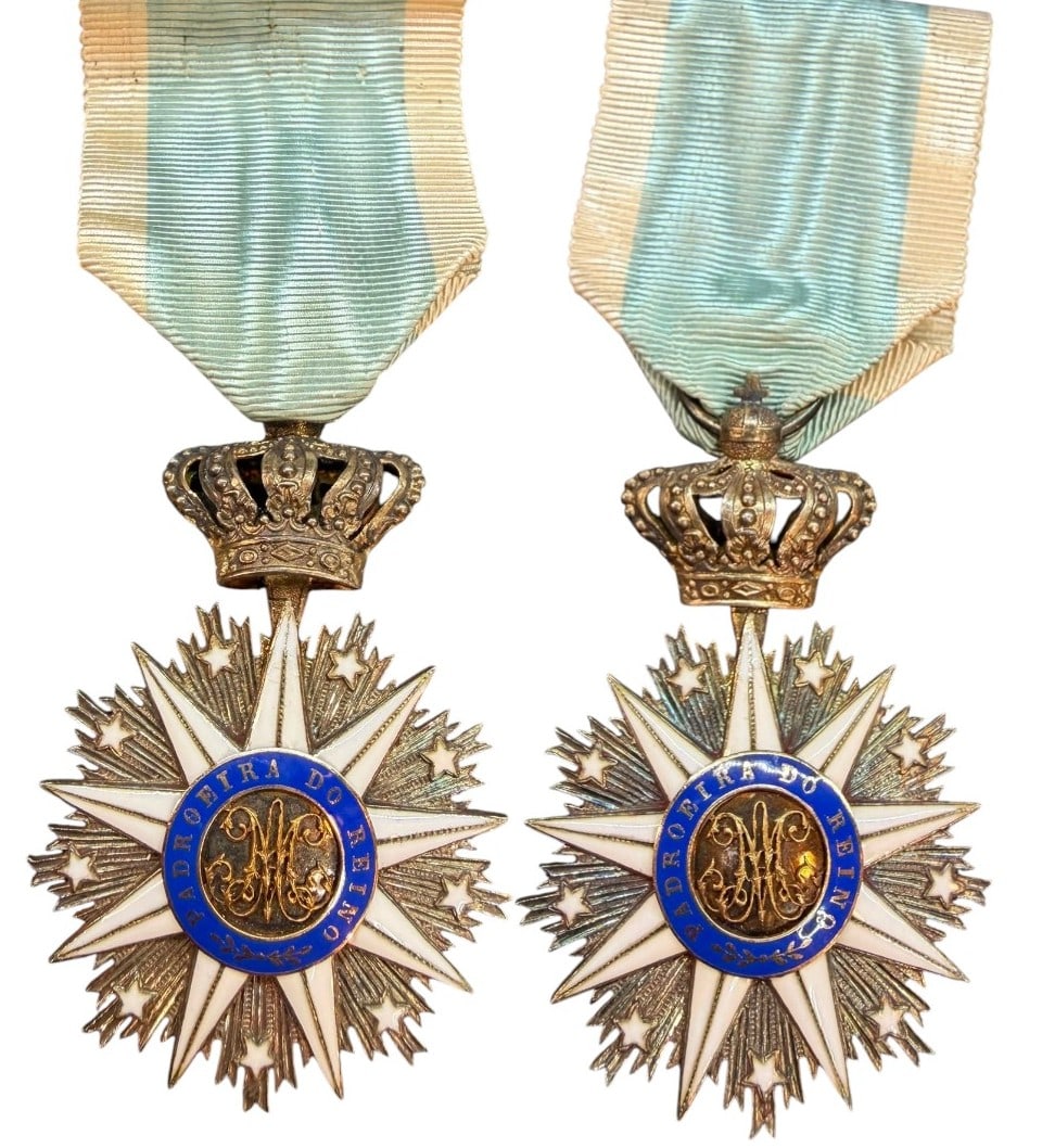 Order of Our Lady of Villa Vicosa: Knight's Cross, 5th Class, instituted in 1818. Breast Badge, 63x40 mm, Silver, GOLD centers, both sides enameled, original suspension crown, ring and ribbon. Superb quality and condition! I