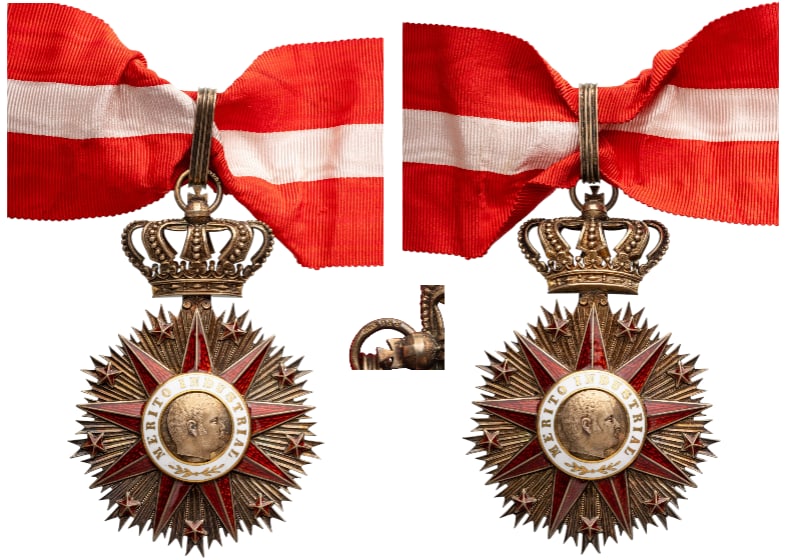 Order of Industrial Merit: Commander's Cross, instituted in 1893. Neck Badge, 80x55 mm, gilt Silver, original suspension loop and incorrect ribbon. A spuerb high quality, old order, in best condition!I