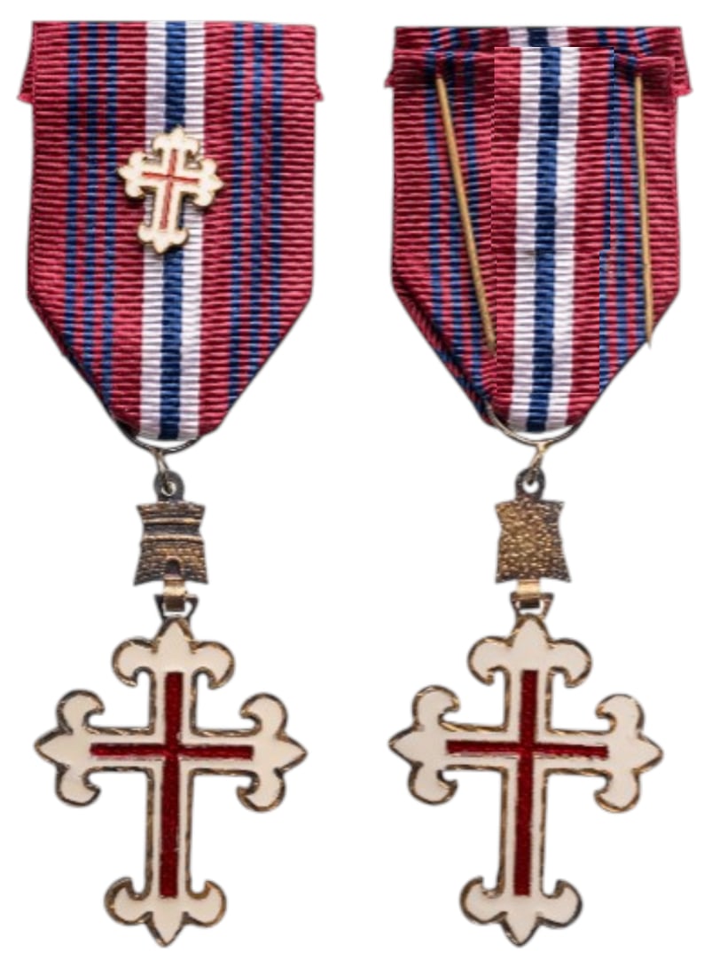 Order of Military Merit: Knight's Cross, 4th Class, instituted in 1946. Breast Badge, 51x30 mm, gilt Silver, both sides enameled, original suspension tower, ring and ribbon with enameled miniature. Very attractive and mint co