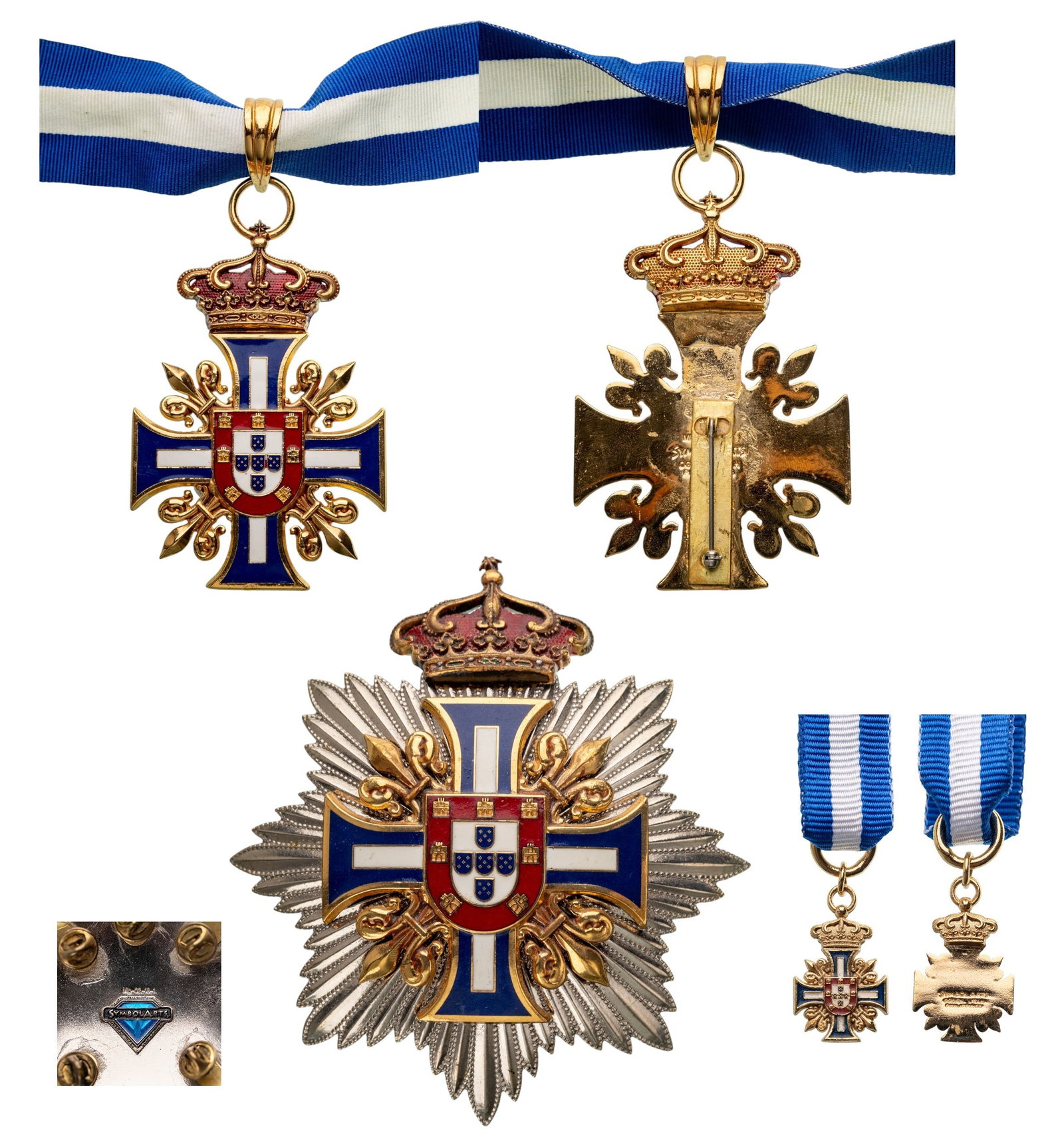 The Royal Portughese Houseorder of Merit: Grand Officer's Set. Neck Badge, 77x53 mm, gilt Bronze, maker's mark "Symbol Arts - Ogden, Utah - Philippines", one sides enameled, original suspension ring, loop and ribbon. Breast Star, 86 mm, gilt 