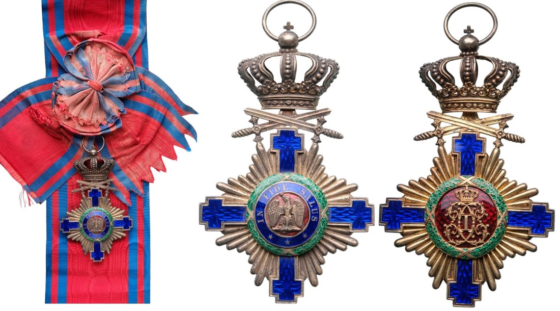 ORDER OF THE STAR OF ROMANIA, 1864: Grand Cross Badge, 1st Model (1877), for Military in Time of Peace. Sash Badge, 114x72 mm, gilt Silver, both sides enameled, original suspension ring and long complete sash. Very rare badge, in superb
