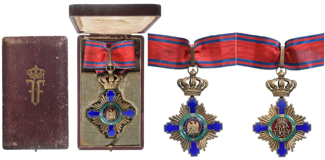 ORDER OF THE STAR OF ROMANIA, 1864: Commander's Cross, 1st Model (1877-1932) for Civil. Neck Badge, 95x62 mm, gilt Silver, enameled, original suspension loop and ribbon, in original case of issue by Joseph Resch Fils Bucuresti", with gi