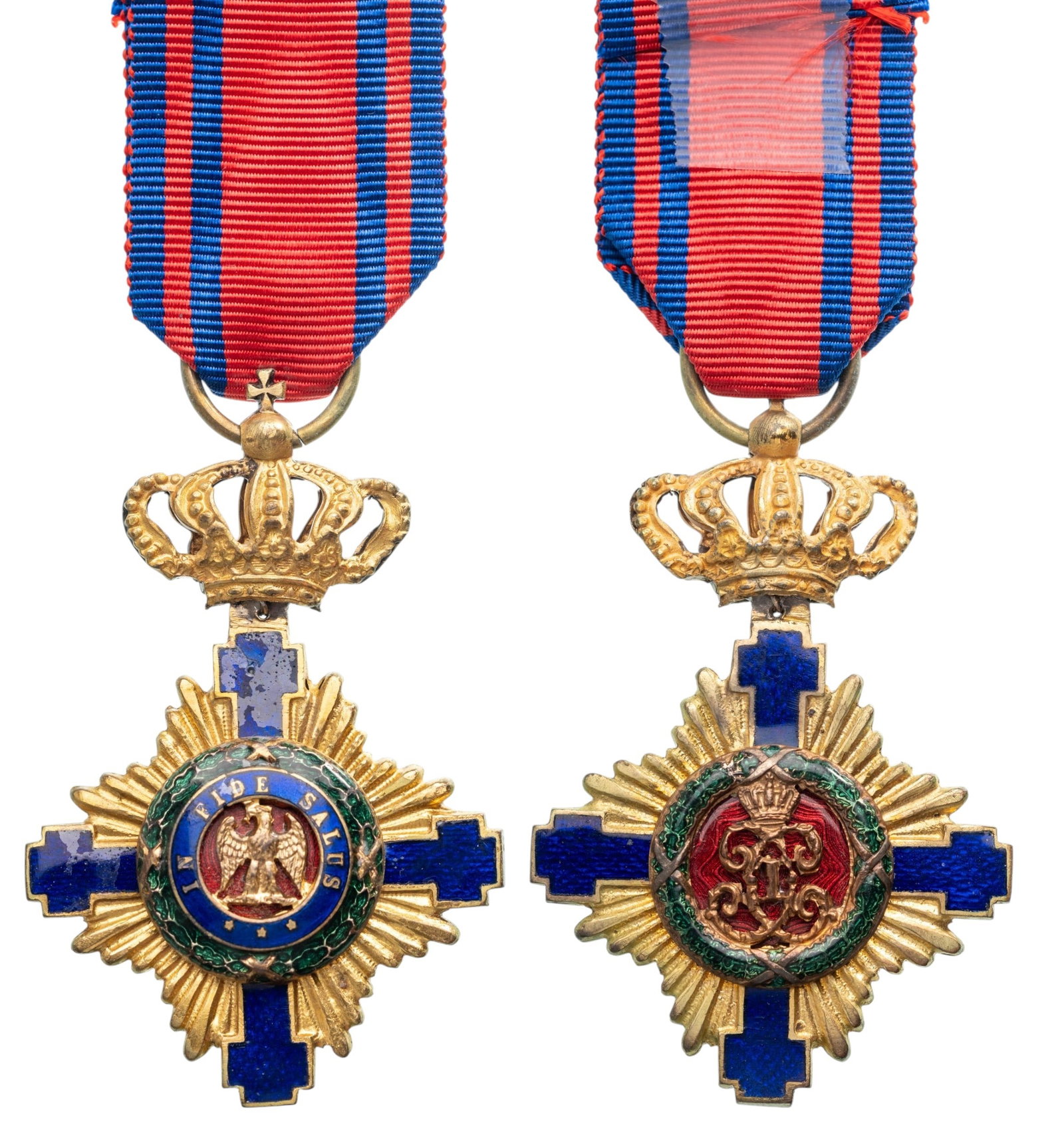 ORDER OF THE STAR OF ROMANIA, 1864: Officer's Cross, 4th Class, 1st Model (1877), for Civil. Breast Badge, 61x40 mm, gilt Bronze, both sides enameled, original suspension ring and ribbon. Very fine condition! II