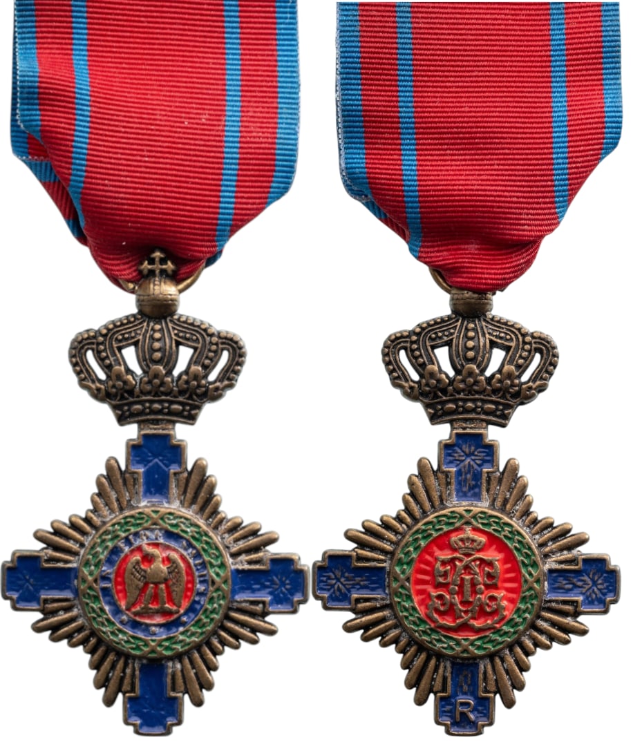 ORDER OF THE STAR OF ROMANIA, 1864: Knight's Cross, 5th Class, 1st Model (1877), for Civil. Breast Badge, 66x41 mm, Bronze, both sides enameled, original suspension ring and ribbon. A replacement badge for display! I