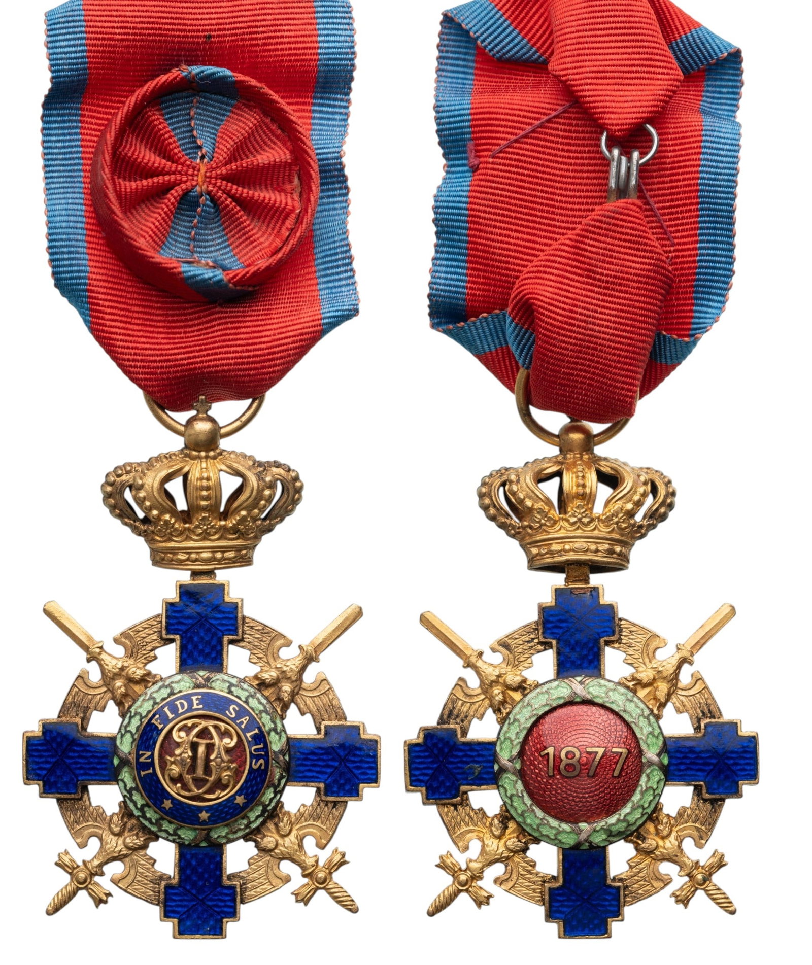 ORDER OF THE STAR OF ROMANIA, 1864: Officer's Cross, 4th Class, 2nd Model (1877), for Military. Breast Badge, 62x41 mm, gilt Bronze, both sides enameled, original suspension ring and ribbon with rosette. Superb badge, in best condition!