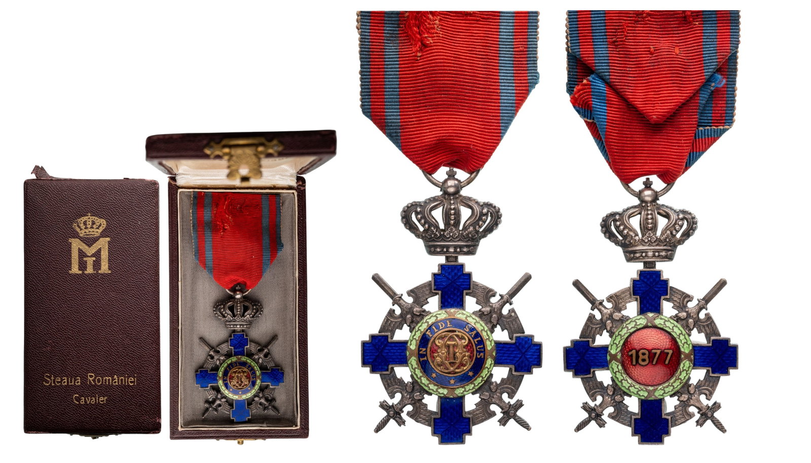 ORDER OF THE STAR OF ROMANIA, 1864: Knight's Cross, 5th Class, 2nd Model (1877), for Military. Breast Badge, 63x39 mm, silvered, both sides enameled, original suspension ring and ribbon, in case of issue by "Monetaria Nationala" with gi