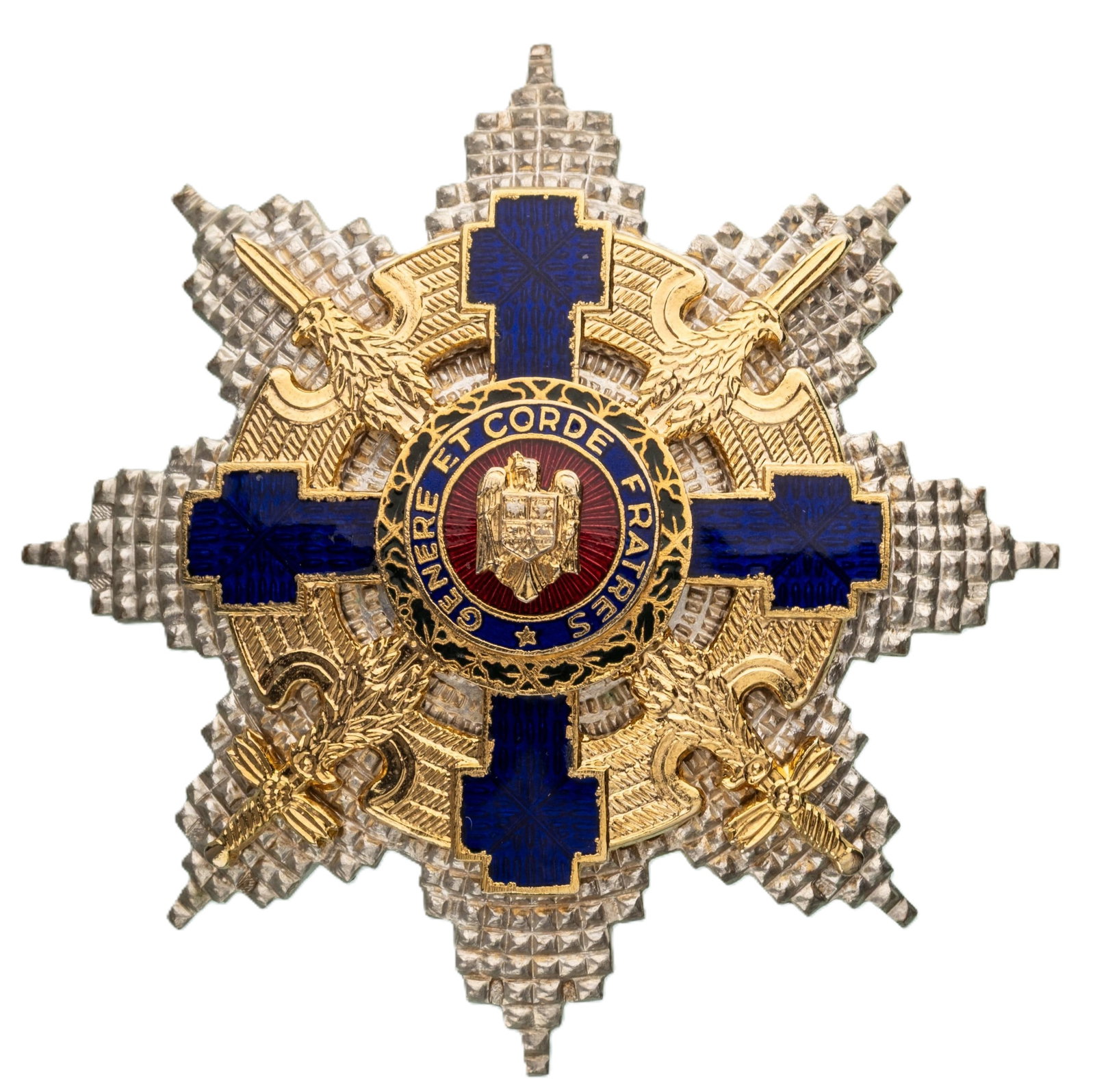 ORDER OF THE STAR OF ROMANIA, 1864: Grand Cross Star, Military, Republic Model. Breast Star, 75 mm., gilt Metal, superimposed part enameled, thin pin on reverse. Imposant star, in extremely fine condition! I