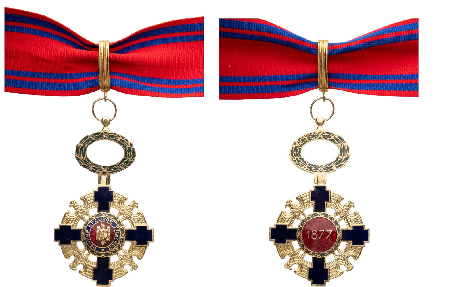 ORDER OF THE STAR OF ROMANIA, REPUBLIC: Commander's Cross, 3rd Class, Civil, Republic Model. Neck Badge, 85x50 mm., gilt Bronze, enameled, original suspension wreath, ring, loop and ribbon. Attractive and in extremely fine condition! I
