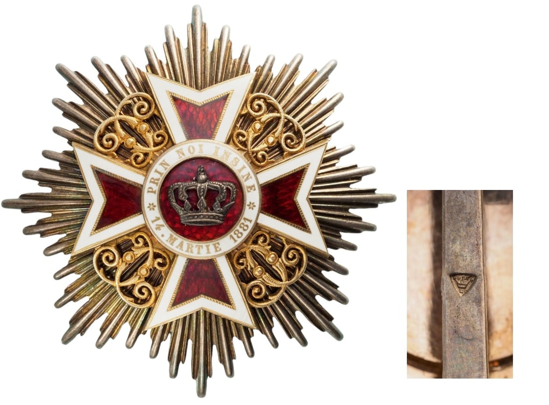 ORDER OF THE CROWN OF ROMANIA, 1881: Grand Cross Star, 1st Model. Breast Star, 84 mm, Silver, hallmarked, on the superimposed parts enameled, multipart construction, thin size pin on reverse. A superb star of strong German manufacture, m