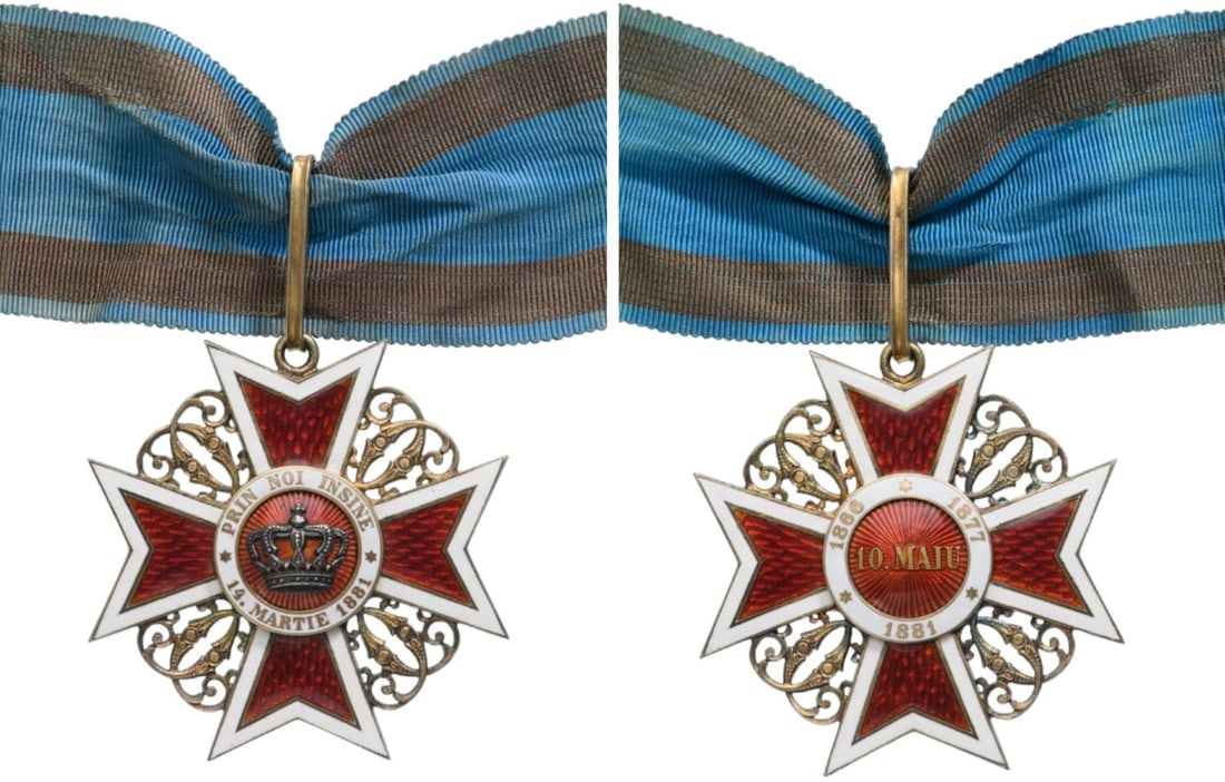 ORDER OF THE CROWN OF ROMANIA, 1881: Commander's Cross 1st Type, Civil. Neck Badge, 60 mm, gilt Silver, both sides enameled, original suspension loop and ribbon, in extremely fine condition! I