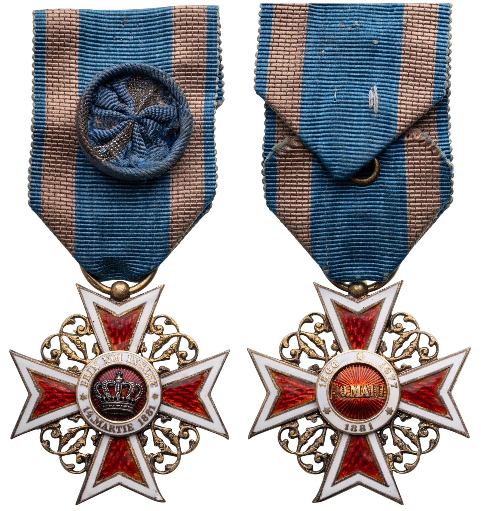ORDER OF THE CROWN OF ROMANIA, 1881: Officer's Cross 1st Type, Civil. Breast Badge, 41 mm, gilt Silver, maker's mark "JRF", hallmarked "ARG", both sides enameled, original suspension ring and ribbon with rosette. A superb cross, in extre