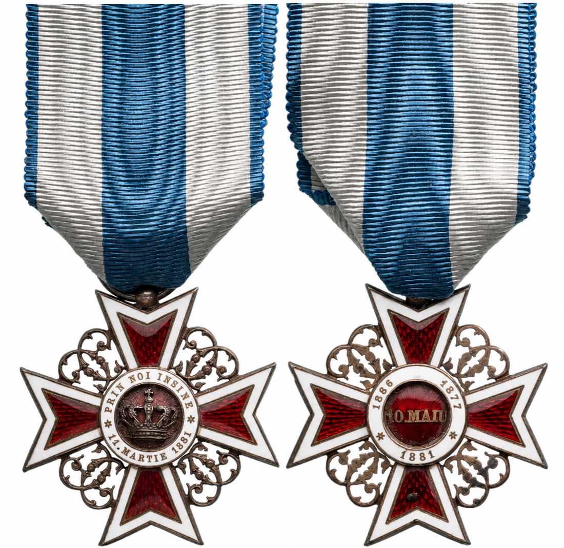 ORDER OF THE CROWN OF ROMANIA, 1881: Knight's Cross 1st Type, Civil. Breast Badge, 40 mm, Silver, both sides enameled, original suspension ring and ribbon. A superb and very rare cross, made by Kretly, in extremely fine condition! I RR!