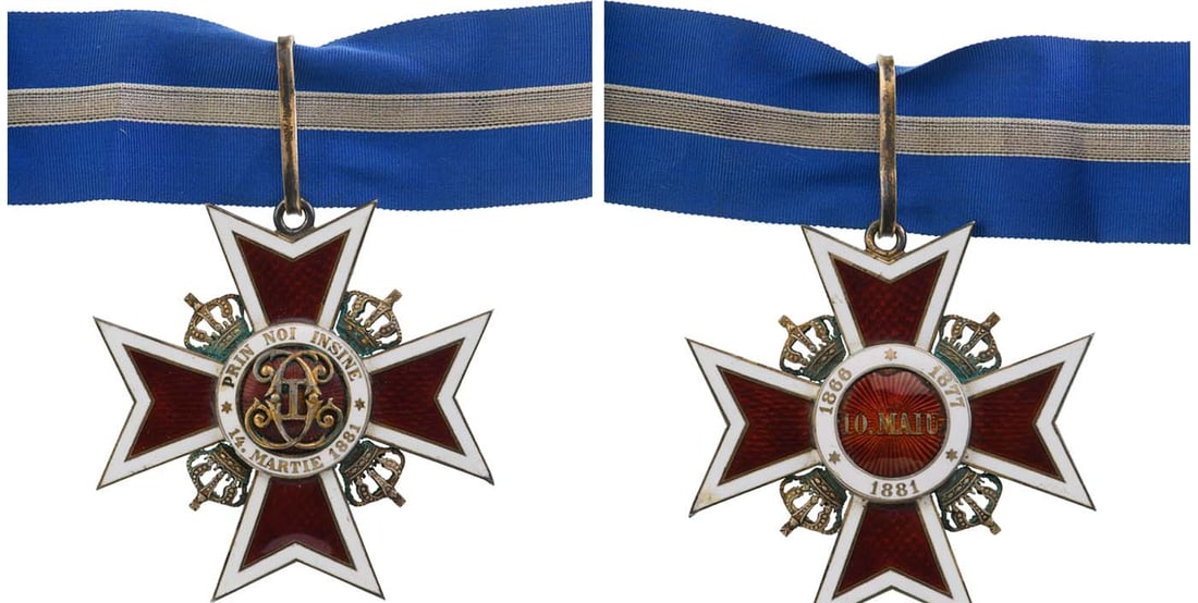 ORDER OF THE CROWN OF ROMANIA, 1881: Commander's Cross, Intermediary Model (1932) for Civil. Neck Badge, 46 mm, gilt Silver, hallmarked "ARG, crown", maker`s mark "JRF", both sides red enameled, obverse medallion with cipher of Carol I, 