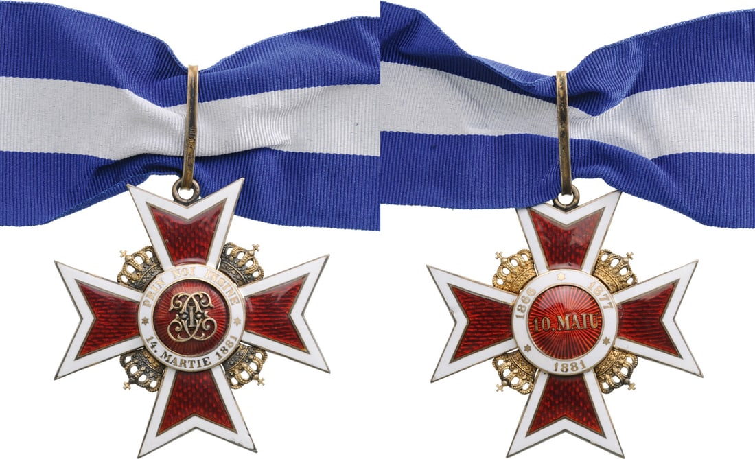 ORDER OF THE CROWN OF ROMANIA, 1881: Commander's Cross, Intermediary Model (1932) for Civil. Neck Badge, 60 mm, gilt Silver, hallmarked "ARG". maker's mark "JRF - Ioseph Resch", enameled, original suspension ring, loop and correct ribbon
