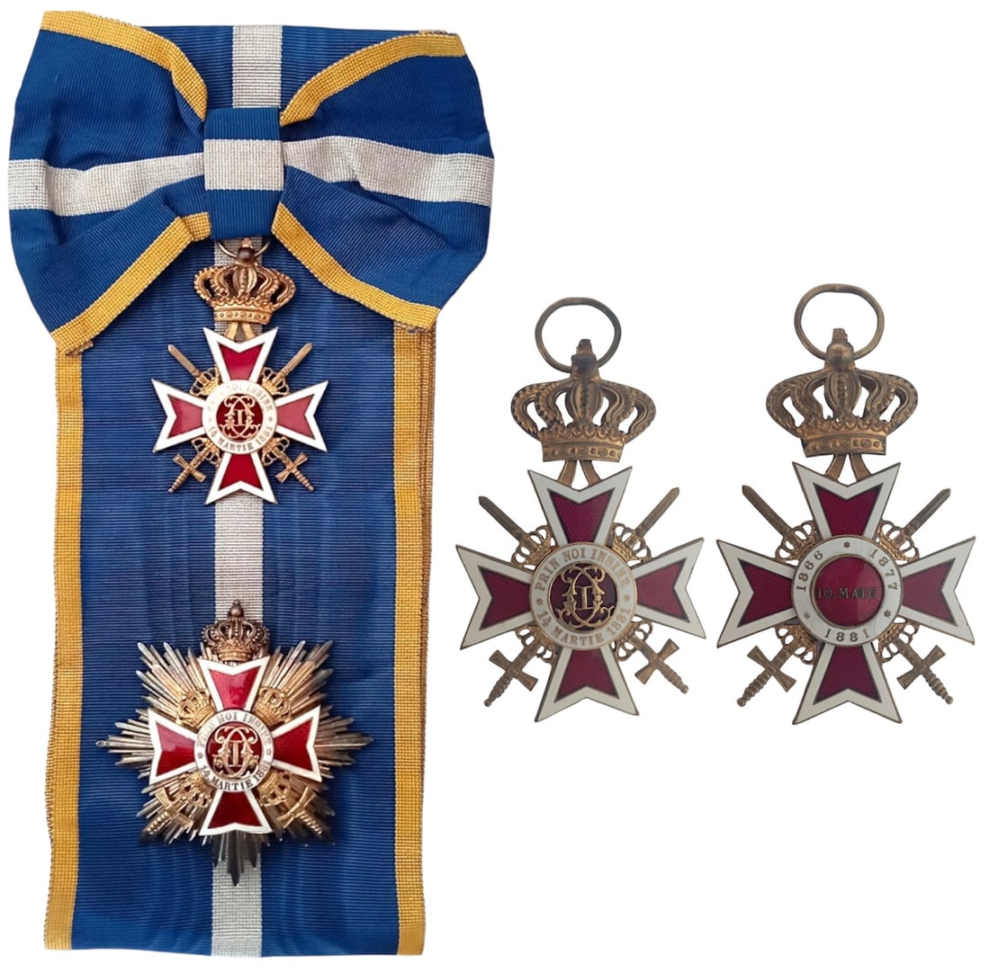 ORDER OF THE CROWN OF ROMANIA, 1881: Grand Cross Set, 2nd Type (1938), Military. Sash Badge with Swords, 73x48 mm., gilt Bronze, both sides red enameled, original suspension crown and unsewn sash. Breast Star, 75 mm, Silver, enameled, ve