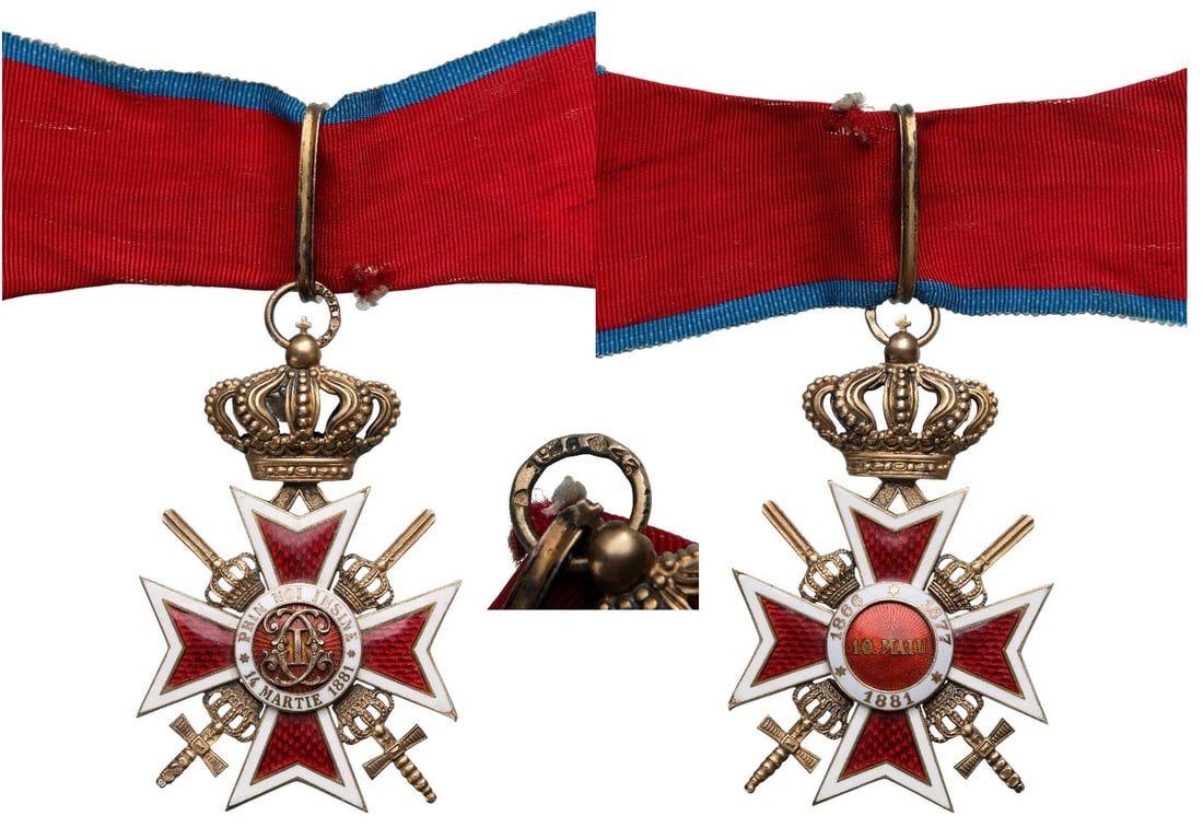 ORDER OF THE CROWN OF ROMANIA, 1881: Commander's Cross 2nd Type, Military. Neck Badge, 70x45 mm, Silver, hallmarked "SILBER - CFZ - 1926 - 43, crown", maker's mark "MN - Monetaria Nationala" both sides enameled (minor chips at points),