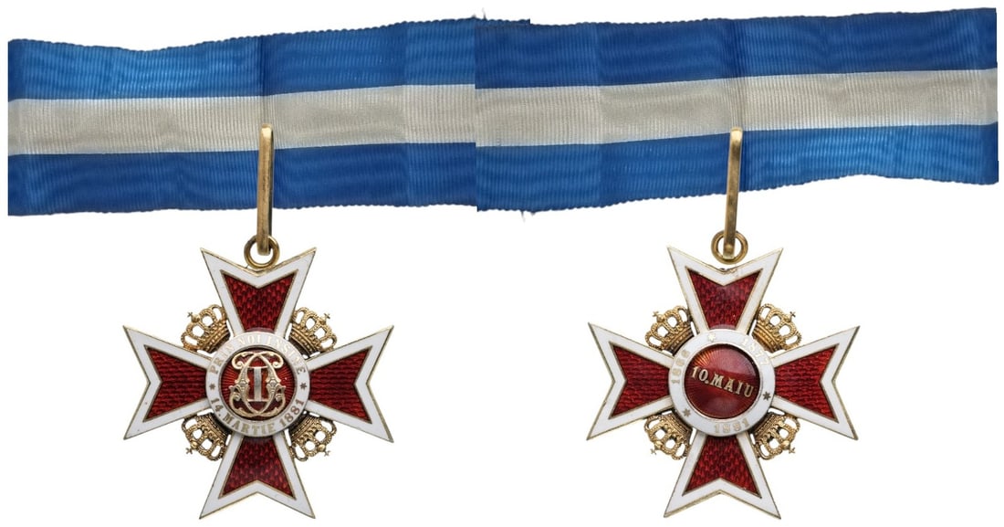 ORDER OF THE CROWN OF ROMANIA, 1881: Commander's Cross 2nd Type, Civil. Neck Badge, 50x47 mm, Silver, both sides enameled, original suspension ring, loop and ribbon. A beautiful cross, in extremely fine condition! I