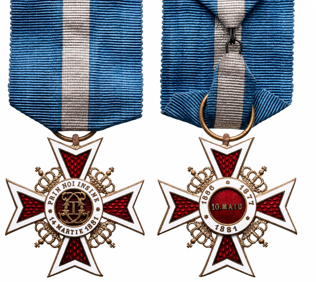 ORDER OF THE CROWN OF ROMANIA, 1881: Knight's Cross 2nd Type, Civil. Breast Badge, 40x39 mm, silvered Bronze, both sides enameled, original suspension ring and ribbon . Extremely fine condition! I