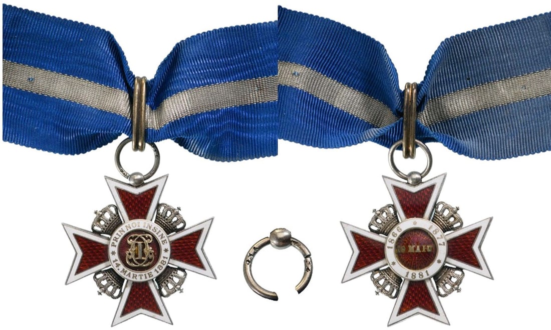 ORDER OF THE CROWN OF ROMANIA, 1881: Commander's Cross 2nd Type, Civil. Neck Badge, 43x42 mm, Silver, hallmarked "334 - 34, crown", maker's mark "H.W." both sides enameled, original suspension ring, loop and short ribbon. A beautiful