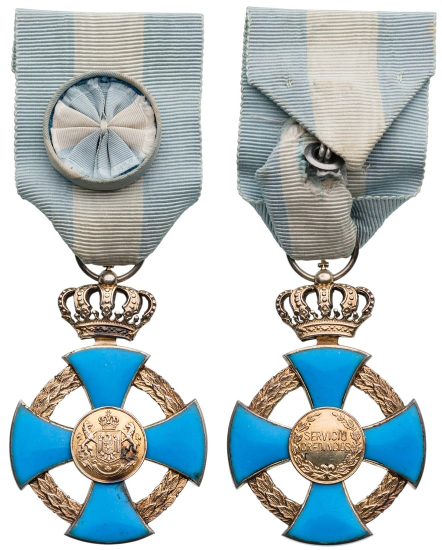 ORDER OF THE FAITHFULL SERVICE, 1935: Officer's Cross, for Civil, 55x38 mm, gilt Silver, both sides enameled, very fine execution, fitted original ribbon with rosette. Rare order, in extremely fine condition. This class was introduced in 