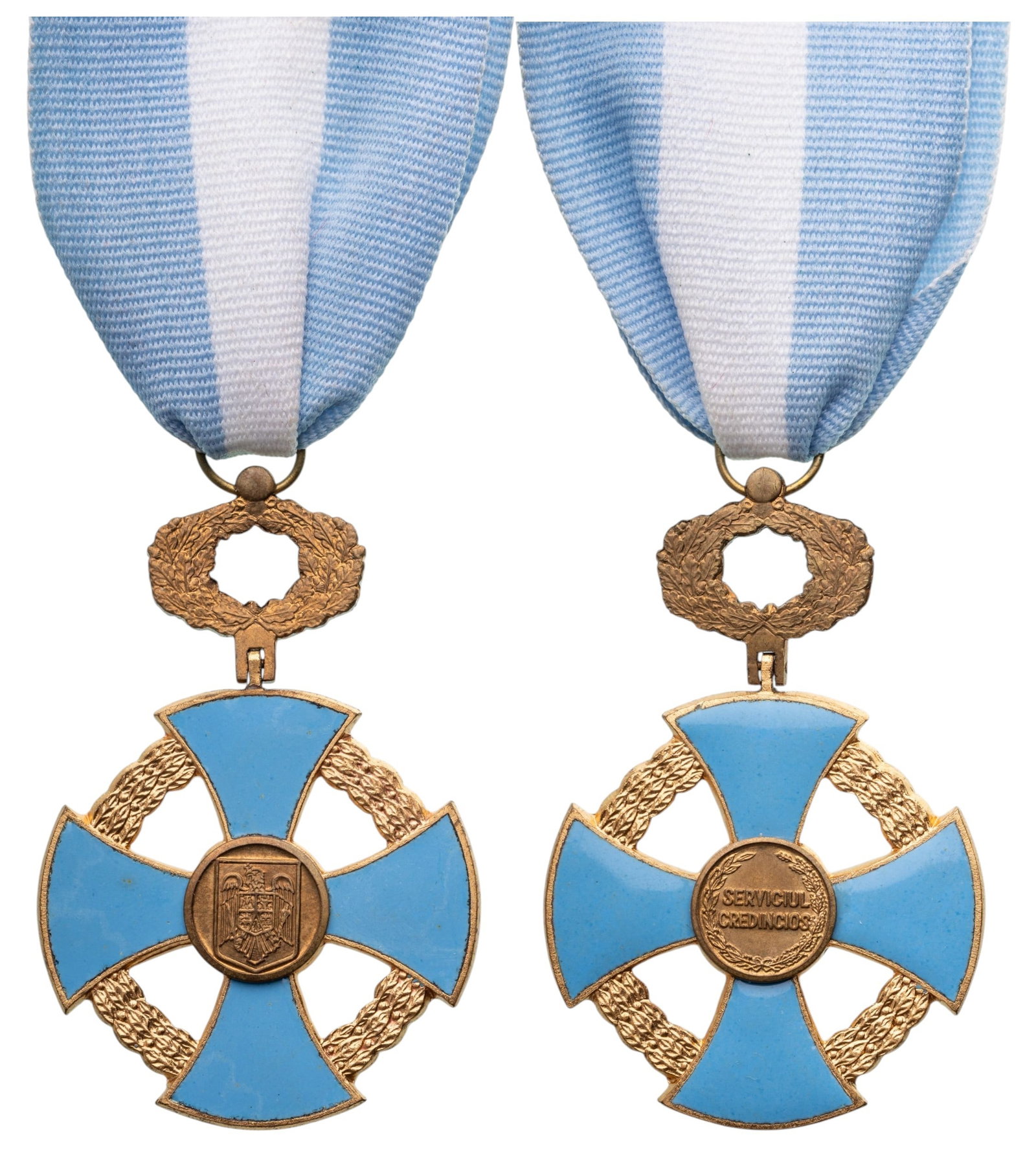 ORDER OF THE FAITHFULL SERVICE, Republic Model: Knight's Cross, Civil, Republic Model. Breast Badge, 62x41 mm., gilt Metal, concave cross, concave light blue enamel on both sides and laurel wreaths between the limbs, with suspension ring, loop and 