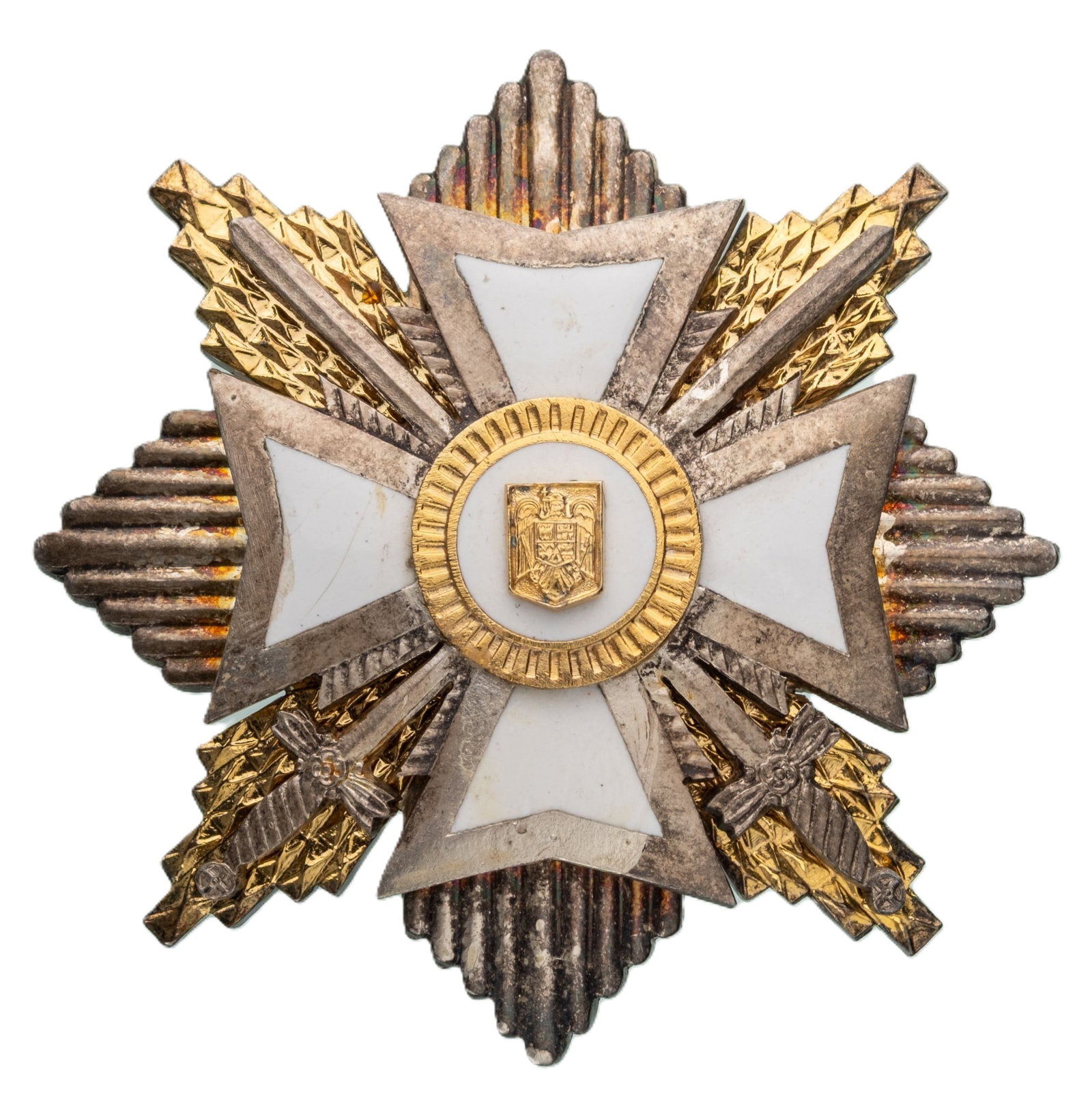 ORDER FOR MERIT, 2000, Republic Model: Grand Officer's Star, Military, Republic Model. Breast Star, 65 mm., silvered Metal, superimposed part enameled, medium pin on reverse. Imposant star, in extremely fine condition! I