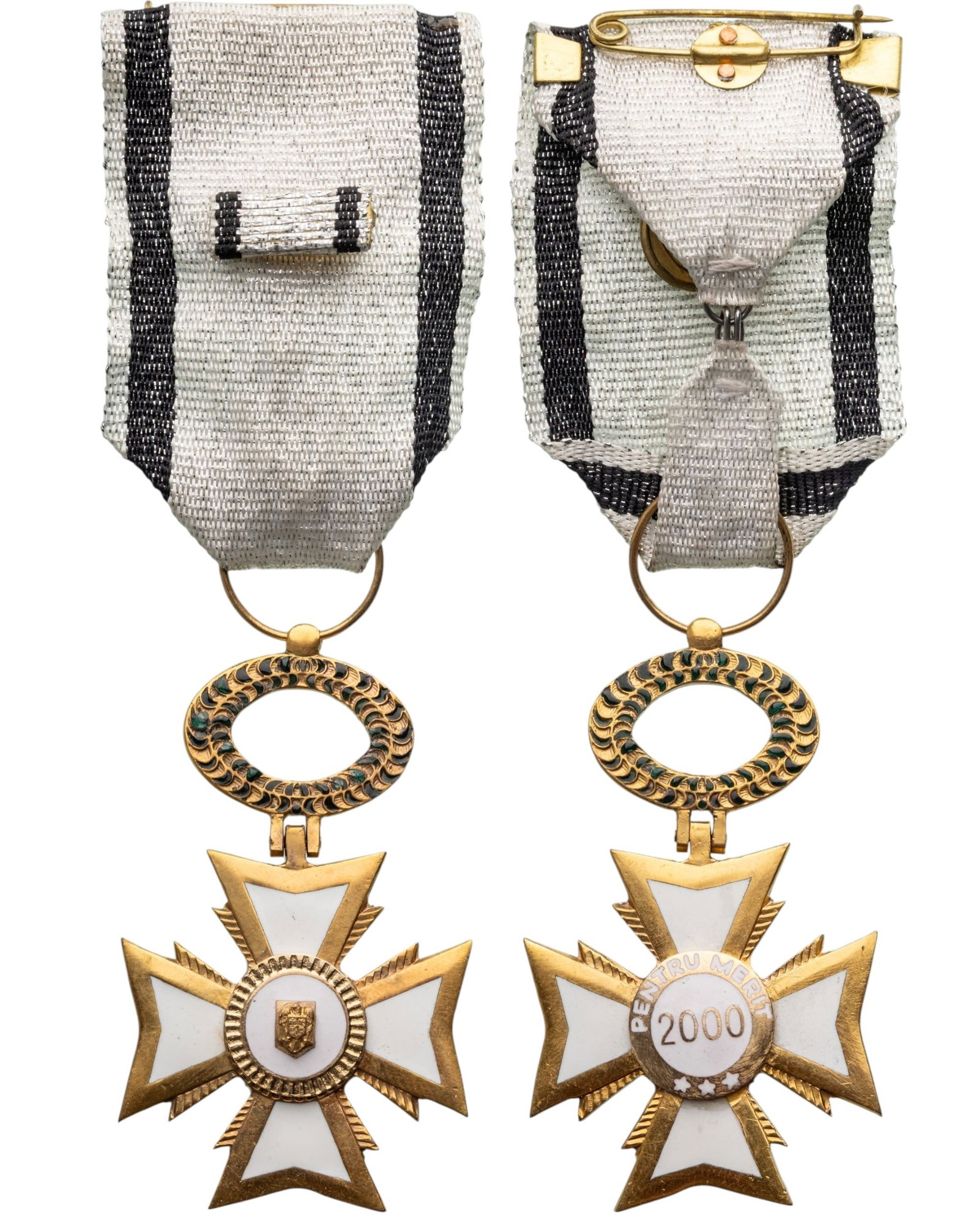 ORDER FOR MERIT, 2000, Republic Model: Knight's Cross, Civil, Republic Model. Breast Badge, 58x35 mm., gilt Metal, enameled on both sides, original laurel wreath suspension, ring and ribbon with bar. Attractive badge, in mint condition! I