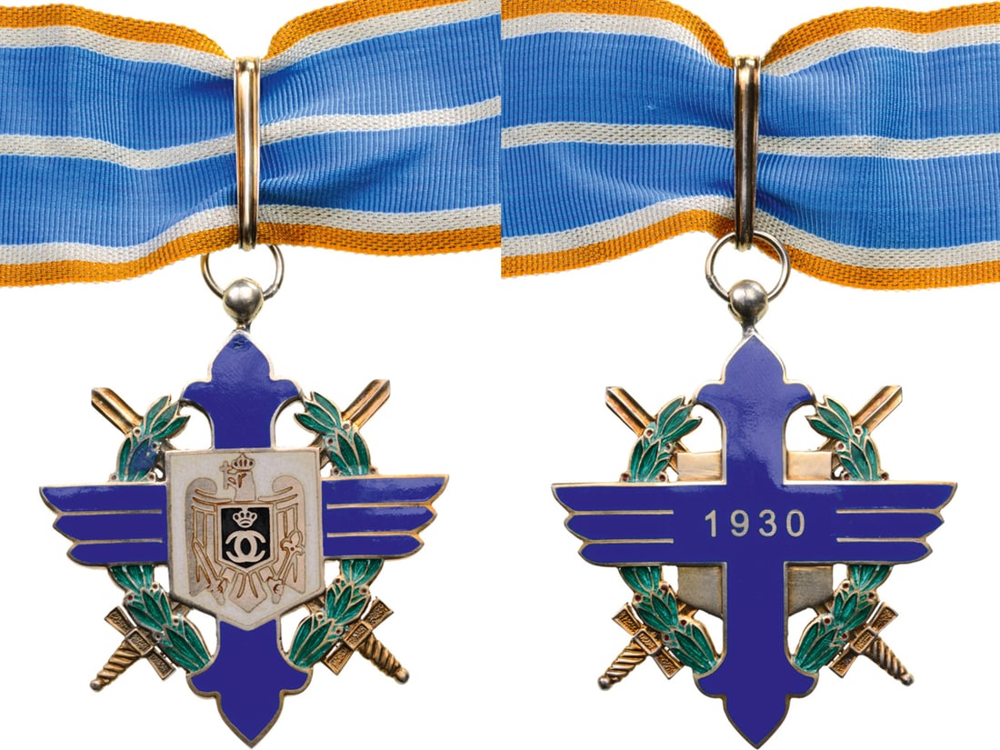 Order of Aeronautical Virtue (1930): Commander`s Cross, 1st Model with cipher of King Carol II, for Military in Time of War, 1938, 60 mm in gilt Silver, original suspension ring, loop and correct ribbon. German fabrication in extremely