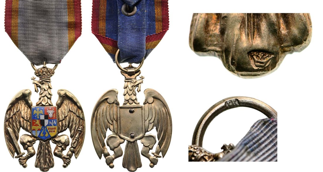 Honor Badge of the Romanian Eagle (1933): Officer`s Cross, 51x37 mm, gilt Silver, centre enameled, hallmarked "crown", maker`s mark "IR (Joseph Resch Fils - Bucarest)", original suspension ring and ribbon. Extremely fine and very rare! I R!