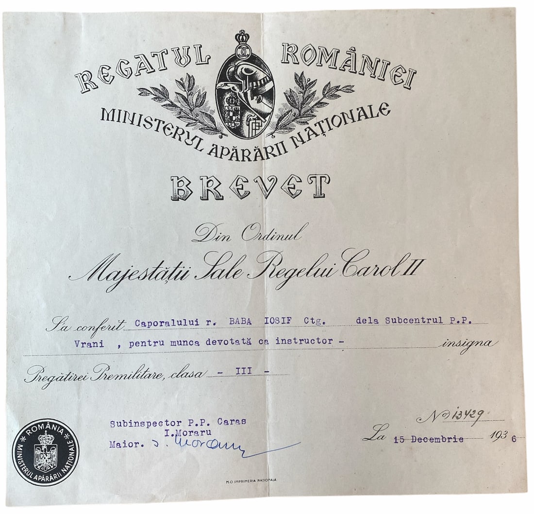 PREMILITARY TRAINING BADGE AWARDING DOCUMENT: 3rd Class. Awarding Document to a Corporal for his work as an instructor, 225x214 mm, dated 15.12.1936. Rare! I R!