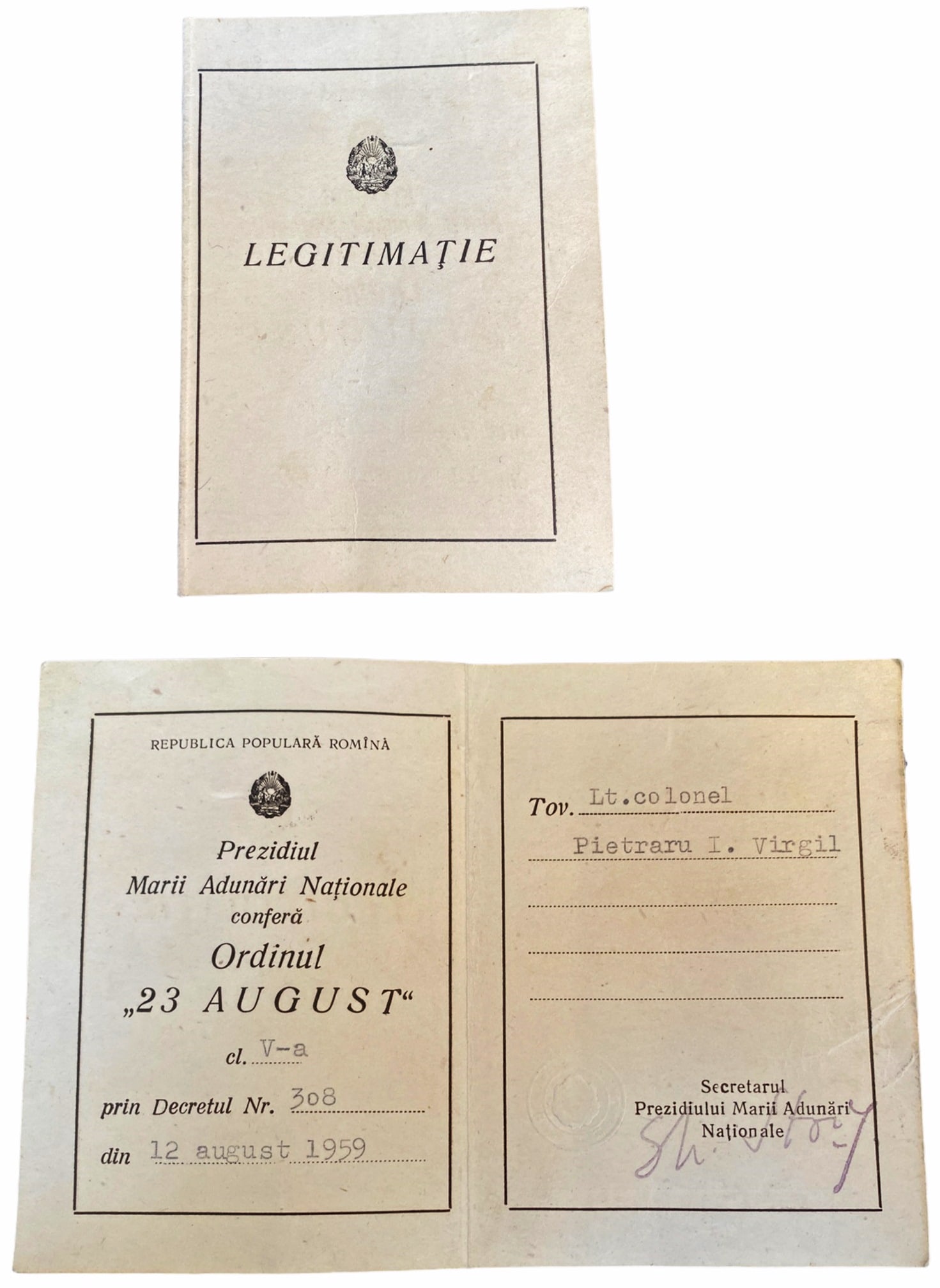 RPR - ORDER "23 AUGUST", instituted in 1959: 5th Class. Awarding Booklet to a Liutenant-Colonel, dated 12.08.1959. I