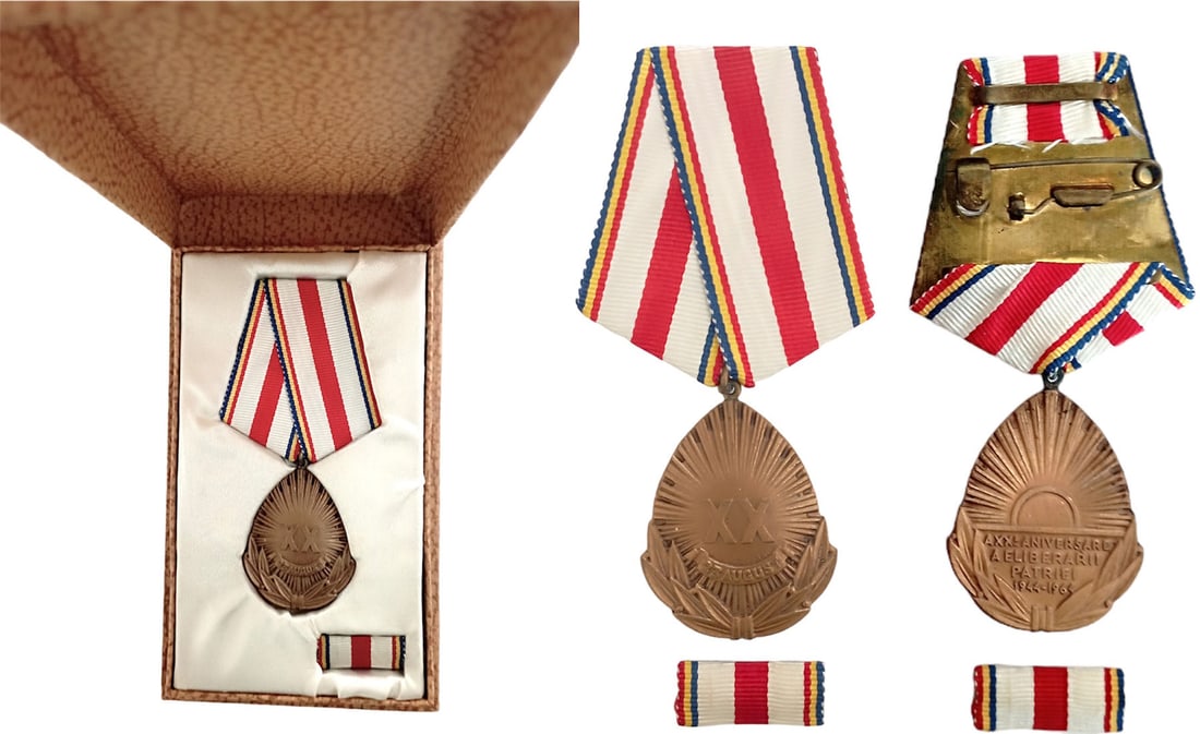 RPR -MEDAL FOR THE 20th ANNIVERSARY OF THE LIBERATION OF THE FATHERLAND, instituted in 1964.: Breast Badge, 37x31 mm, Bronze, original suspension ring and ribbon with pin on the back, in original box of issue and ribbon bar. I