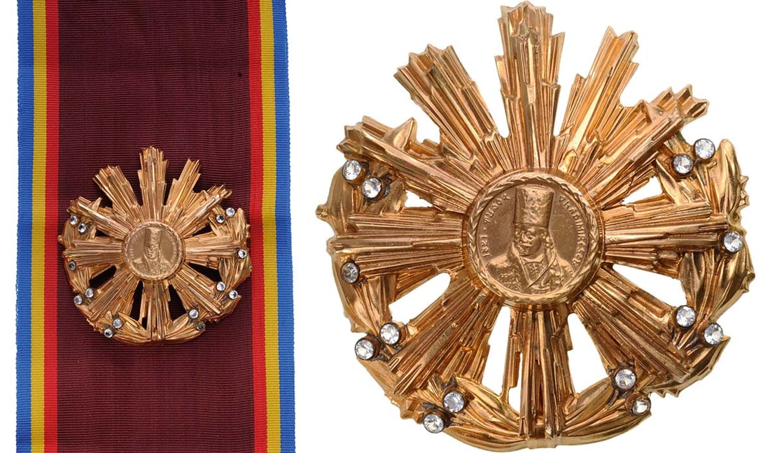 RSR - ORDER OF "TUDOR VLADIMIRESCU", instituted in 1966: 1st Class (1966). Breast Star, 66 mm, GOLD (low carat) with Pastes, 52 g, center enameled, 10 groups of rays, reverse with horizontal pin, in the centre bust of Tudor Vladimirescu within a wreath of o