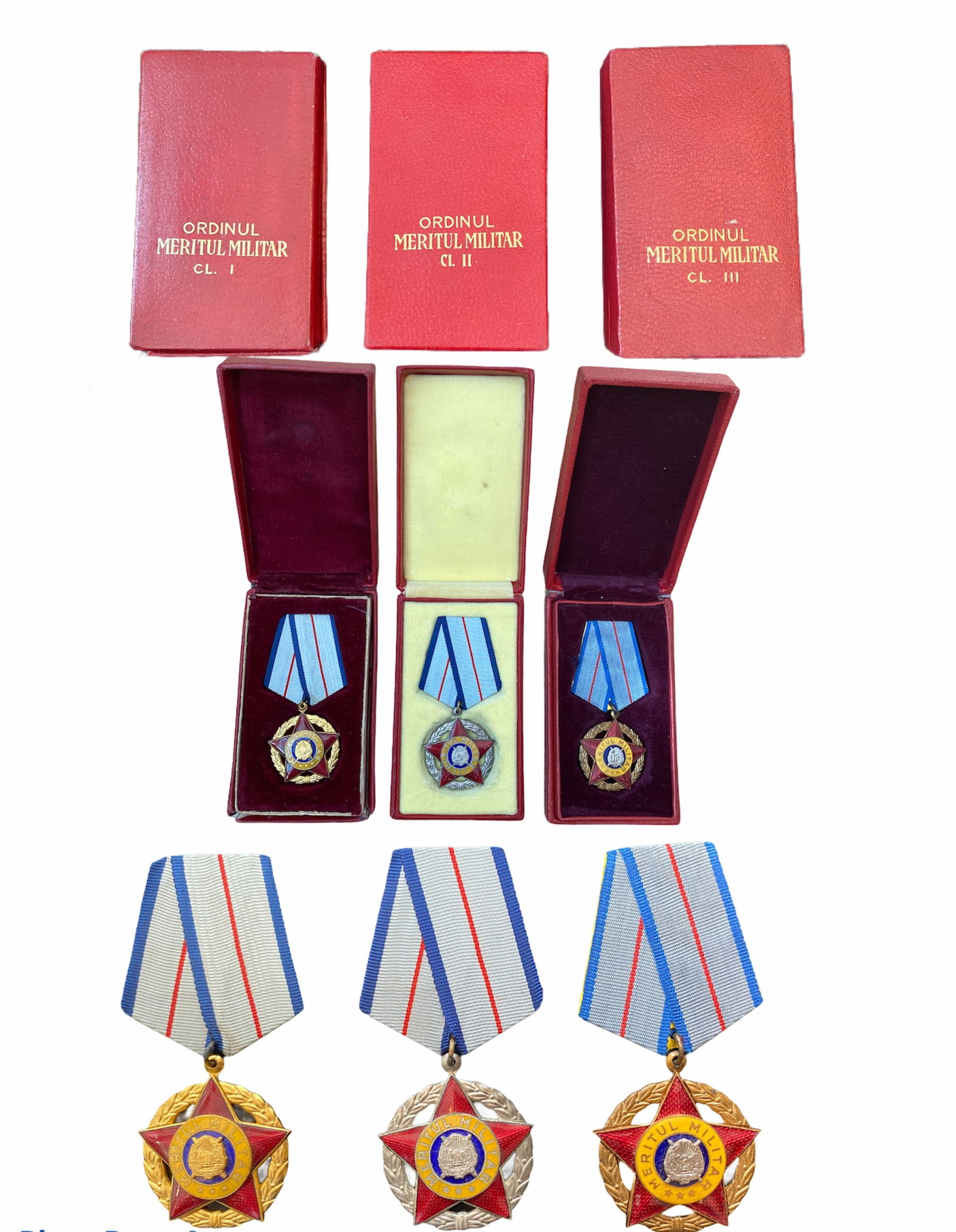 RSR - ORDER OF MILITARY MERIT, instituted in 1954: 2nd Model, Set 1-3 Classes (1966-1989). 1st Class, Bronze gilt, 2nd Class, Bronze silvered, 3rd Class, Bronze. Breast Badges, 39 mm, center enameled, original suspension rings and ribbons, in original
