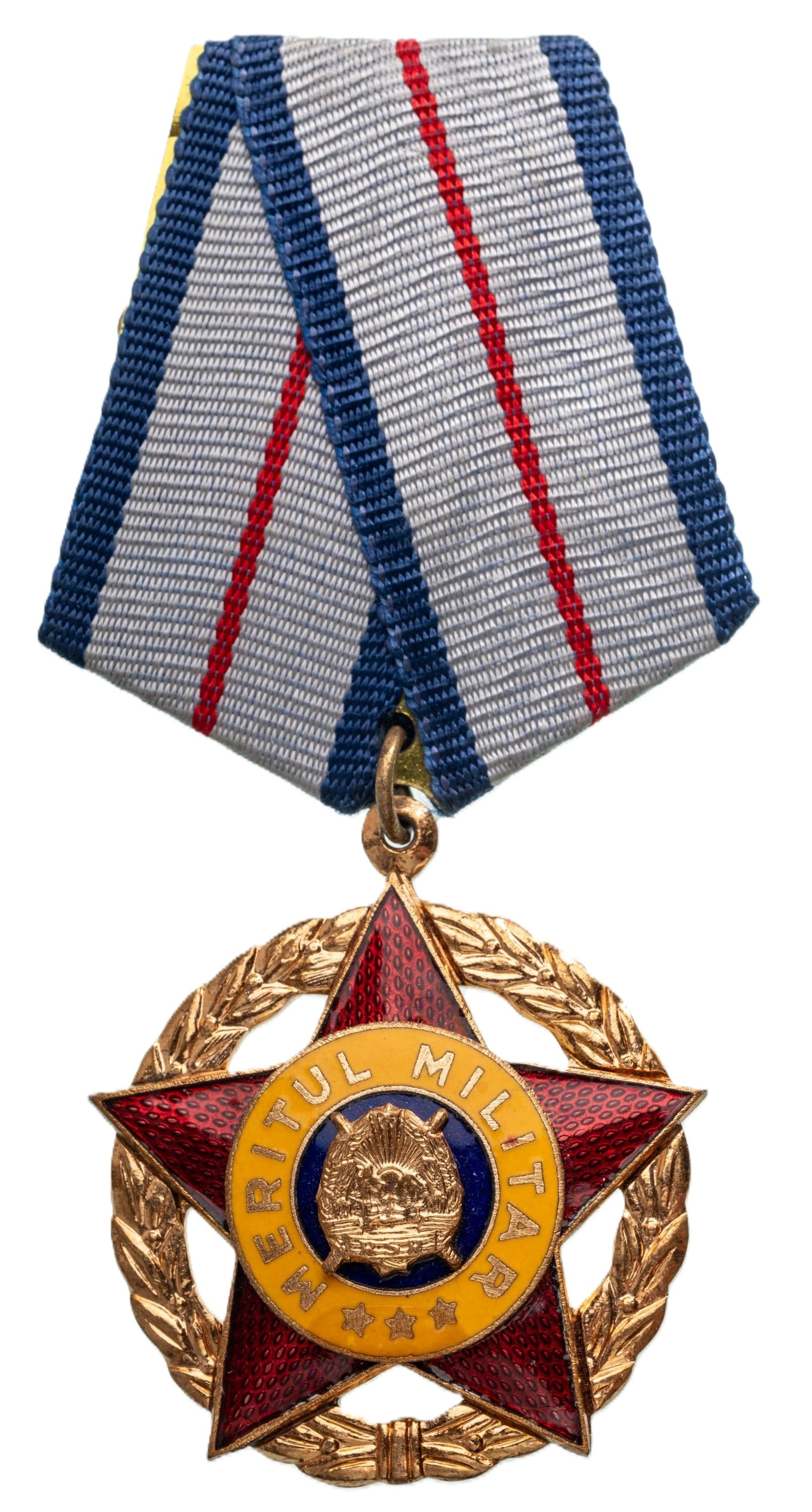 RSR - ORDER OF MILITARY MERIT, instituted in 1954: 2nd Model, 1st Class, gilt Bronze. Breast Badge, 39 mm, center enameled, original suspension ring and ribbon I