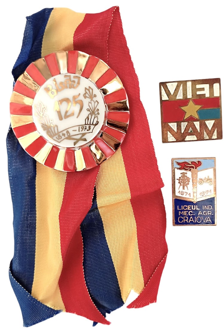 LOT OF THREE BADGES: Lot of 3 Socialist Badges. Badge for the 125th anniversary of the Romanian Revolution in 1848, enameled with large ribbon; Badge for the 100th anniversary of the Industrial and Agricultural high