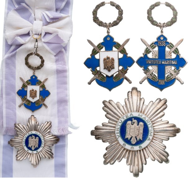 Order of Maritime Virtue, Republic Model: Grand Cross Badge for Military in Time of War and Star for Civil. Sash Badge, 88x51 mm, partially gilt Metal, both sides dark blue enameled, obverse medallion with Republic weapon, reverse medallion w