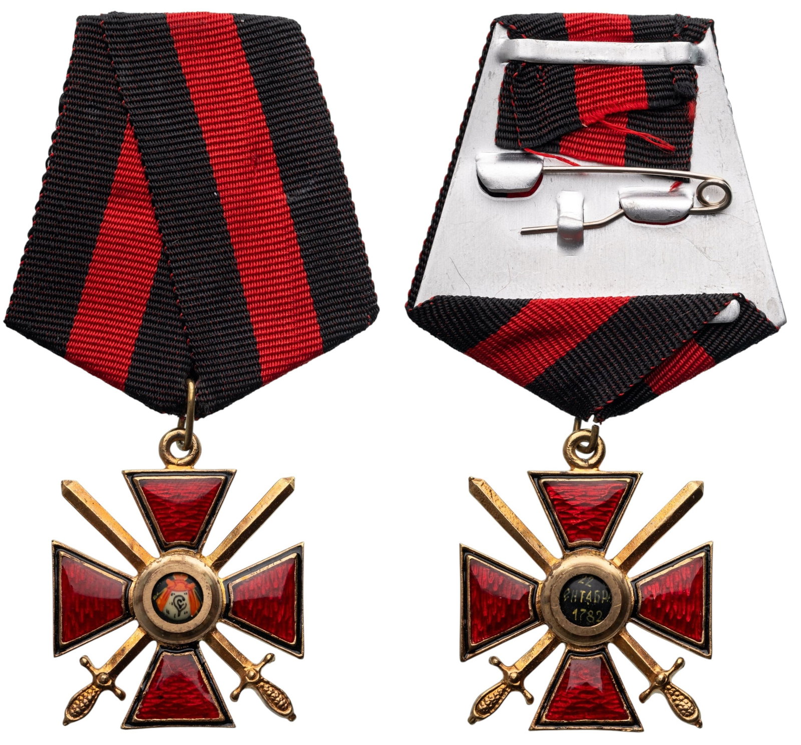 ORDER OF SAINT VLADIMIR: Knight`s Cross Military, 4th Class, instituted in 1782. Breast Badge, 37x31 mm., gilt Bronze, enameled, original suspension ring and correct ribbon, Extremely fine condition! I