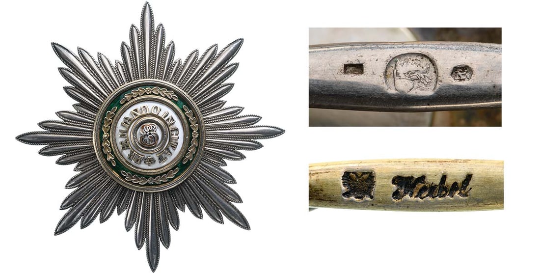 ORDER OF SAINT STANISLAS: 1st Class Star, instituted in 1832. Breast Star, 89 mm, in Silver, enameled, hallmarked "84, St. Petersburg, double eagle", maker`s mark "KEIBEL, double eagle", central medallion in gilt silver, verti