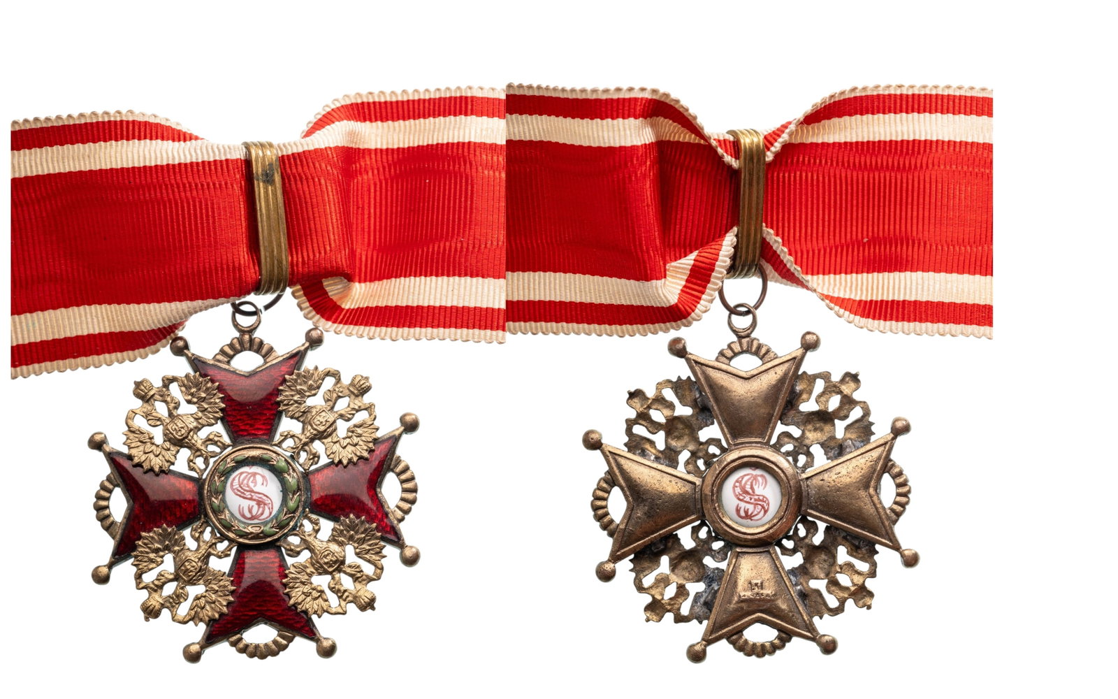 ORDER OF SAINT STANISLAS: Commander`s Cross, 2nd Class, instituted in 1832. Neck Badge, 51x46 mm., gilt Bronze, maker's mark "K - Edouard", enameled, original suspension rings and ribbon, Extremely fine condition! I