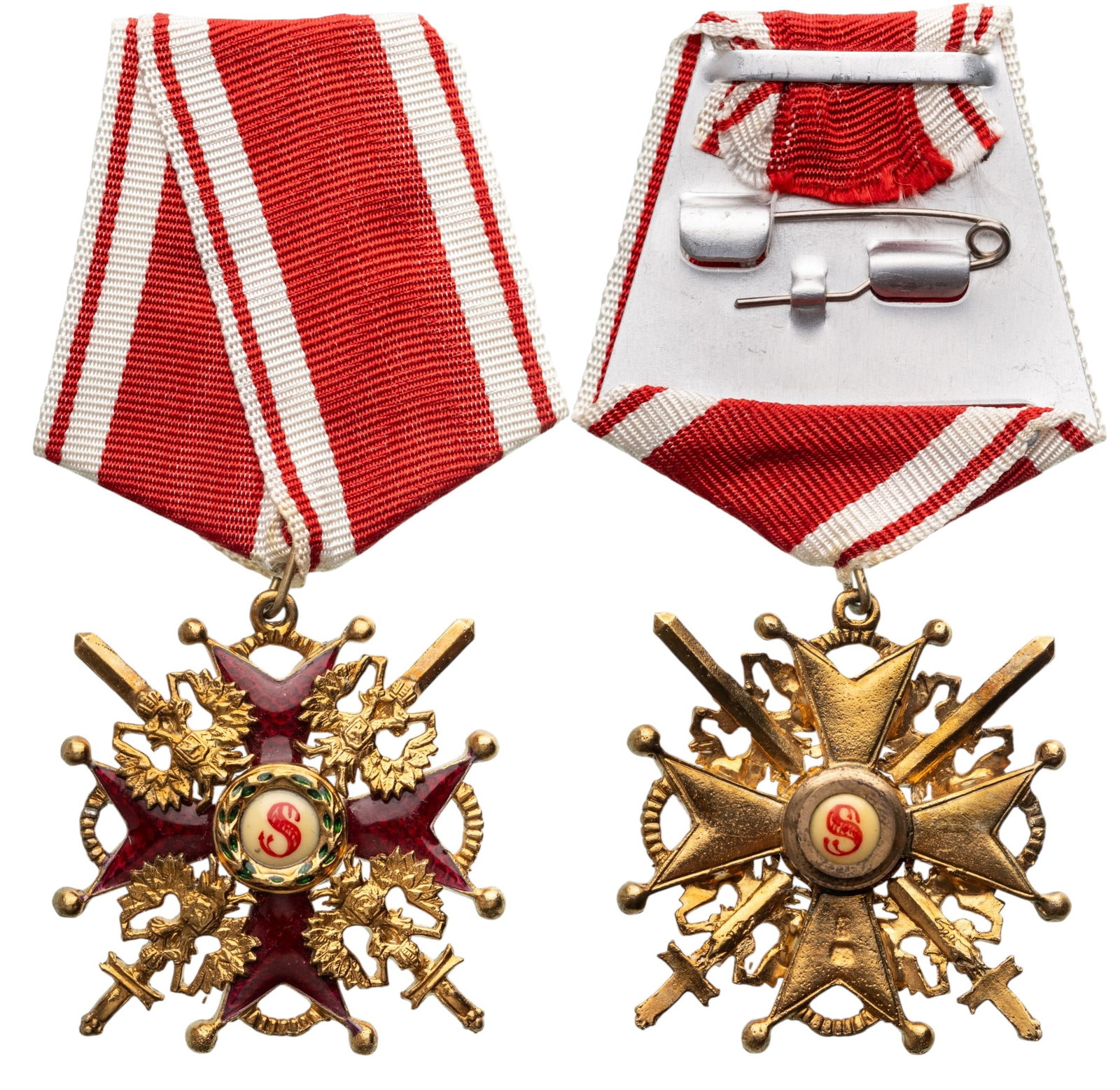 ORDER OF SAINT STANISLAS: Knight`s Cross Military, 4th Class, instituted in 1782. Breast Badge, 37x31 mm., gilt Bronze, maker's mark "B", enameled, original suspension ring and correct ribbon, A display badge, in extremely fin