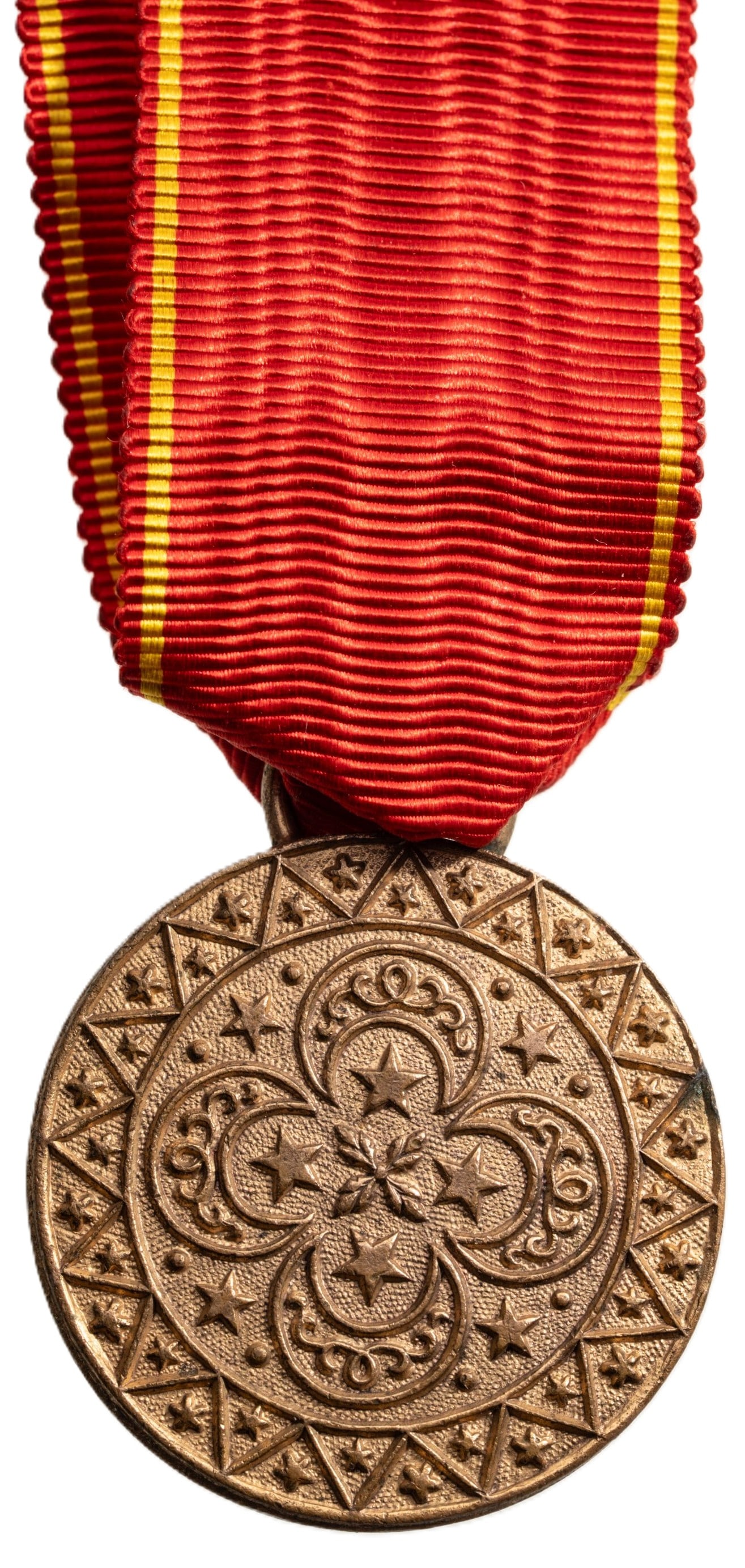 Order of Noble Bukhara: 6th Class Medal of the 1975 Restoration of the Emirate. Breast Badge, 33 mm., gilt Bronze, original suspension ring and St. Anna ribbon. A rare medal in extremely fine condition! I R!