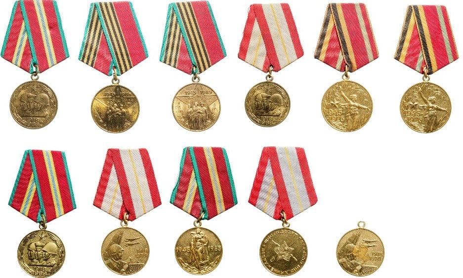 Lot of 11 Medals: Two Jubilee Medal for 40 Years of Victory in the Great Patriotic War 1945-1985. Breast Badges, 31 mm, Brass, original suspension rings and ribbons; Two Medals for 80 Year of Soviet Armed Forces. Breas