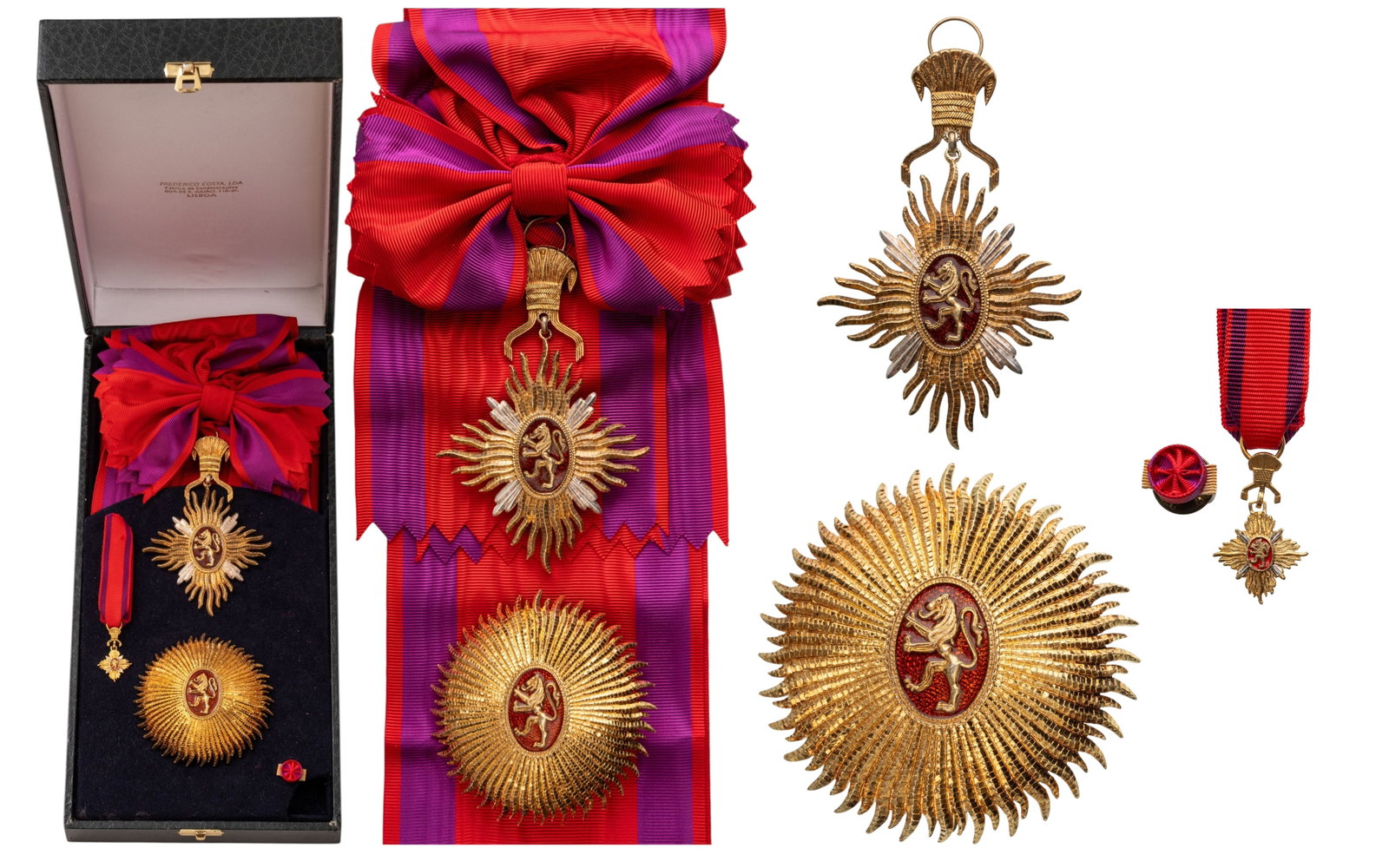 Royal Order of the Lion: Grand Cross Set, 1st Class, instituted in 1956. Sash Badge, 103x67 mm, gilt Bronze, center enameled, original ornamented suspension device and long sash. Breast Star, 70 mm., gilt Bronze, maker's mark