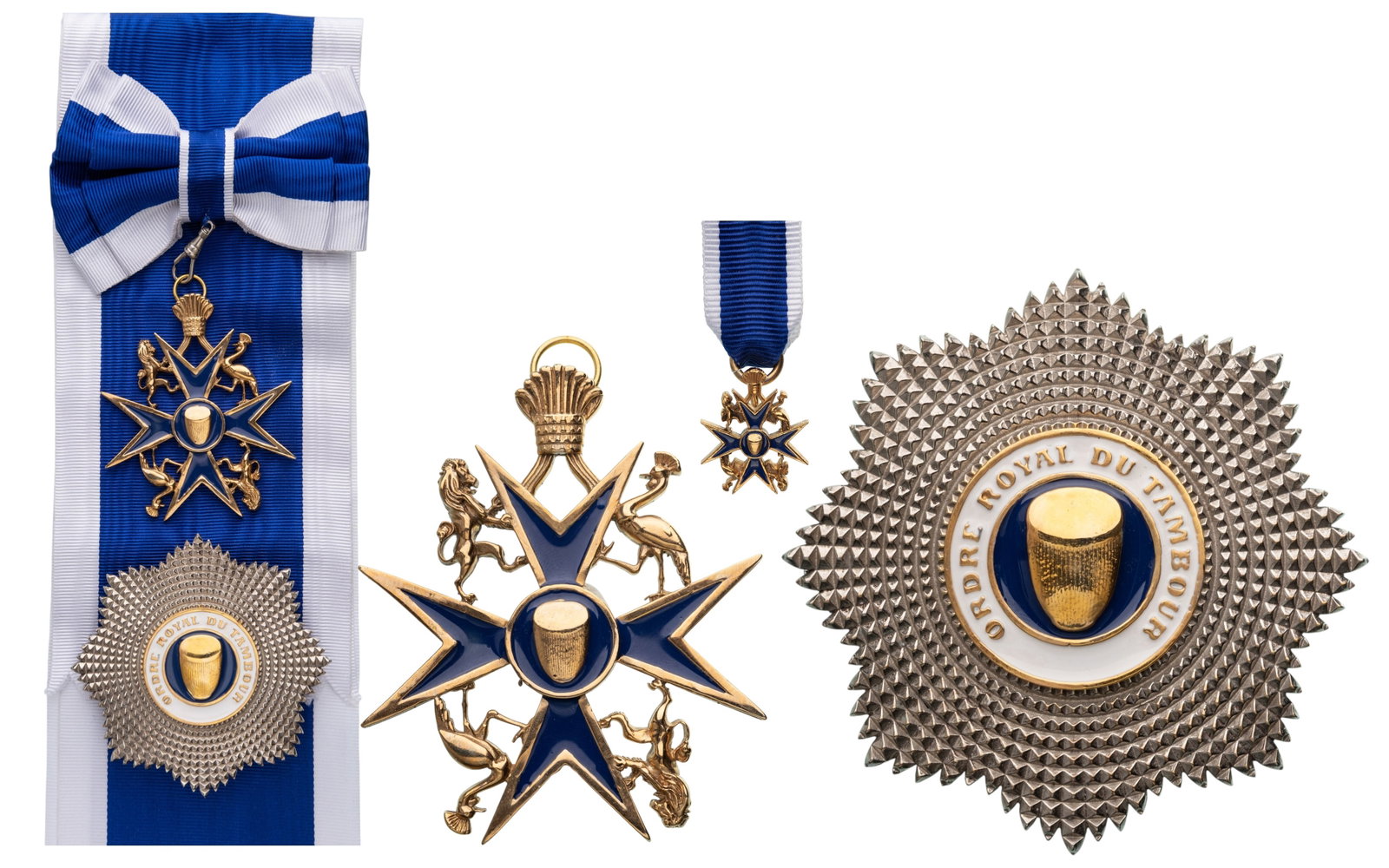 Royal Order of the Drum of Rwanda: Grand Cross Set, 1st Class, instituted in 1959. Sash Badge, 77x65 mm, gilt Bronze, center enameled, original ornamented suspension ring and long sash. Breast Star, 86 mm., gilt and silvered Bronze, 4 