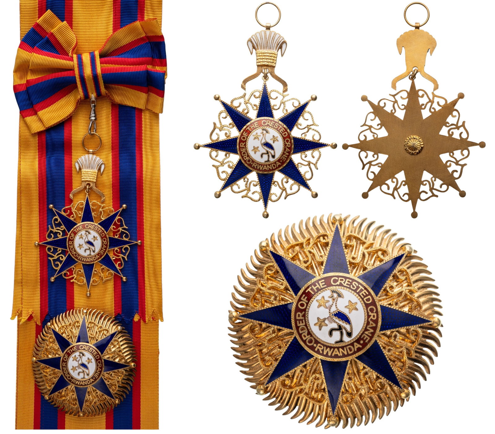 Royal Order of the Crested Crane: Grand Cross Set, 1st Class, instituted in 1998. Sash Badge, 104x77 mm, gilt Bronze, one-side enameled, original ornamented suspension crown, ring and long sash. Breast Star, 75 mm., gilt and Bronze, o